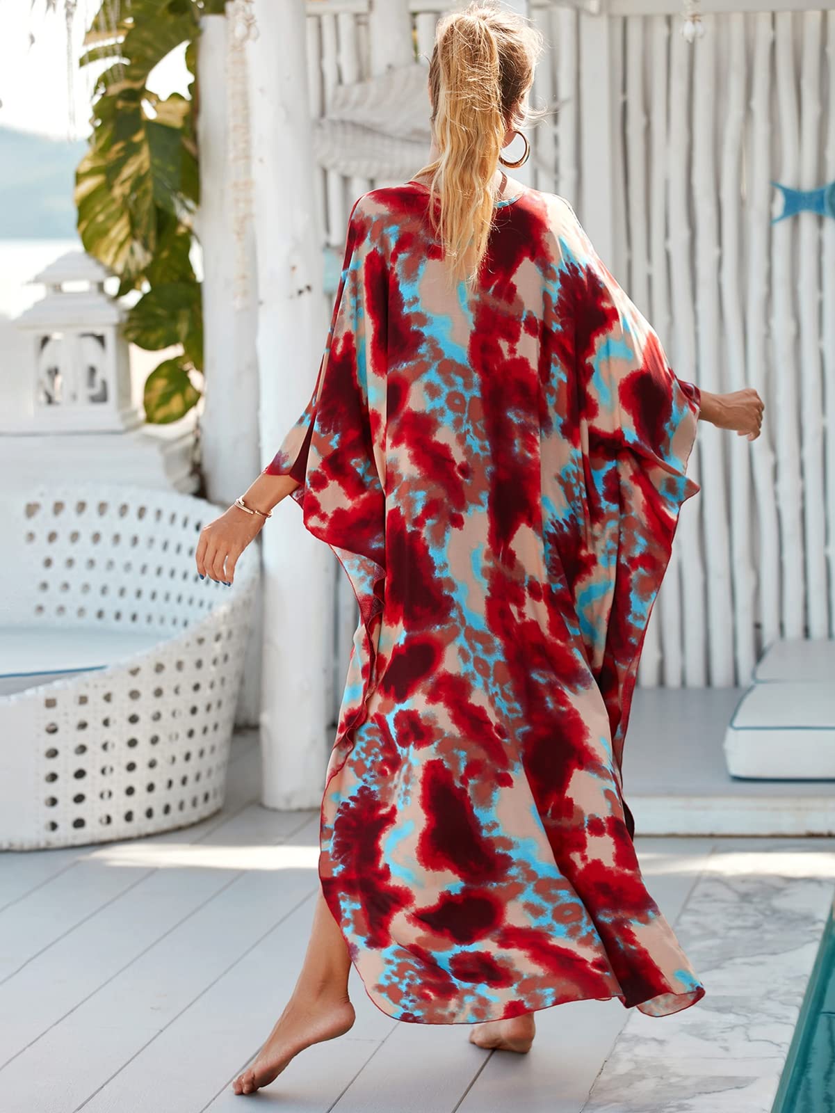 RanRui Women's Plus Size Floral Kaftan Dress with Wave Neck - Boho Chic Muumuu Beach Cover Up for Summer Vacation, Pool Party & Lounge Wear