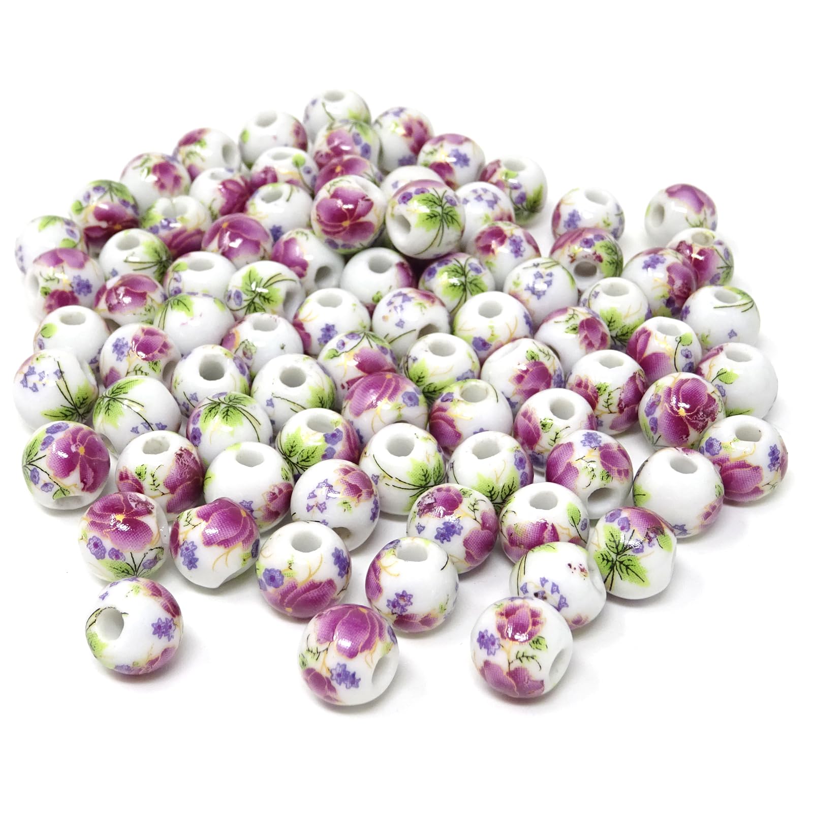 100PCS 10mm Ceramic Beads for Jewelry Making - Purple Peony Porcelain Flower Spacer Beads with Drawstring Bag - DIY Craft Supplies for Necklaces, Earrings, Bracelets - Perfect for Handmade Gifts & Boho Style Accessories