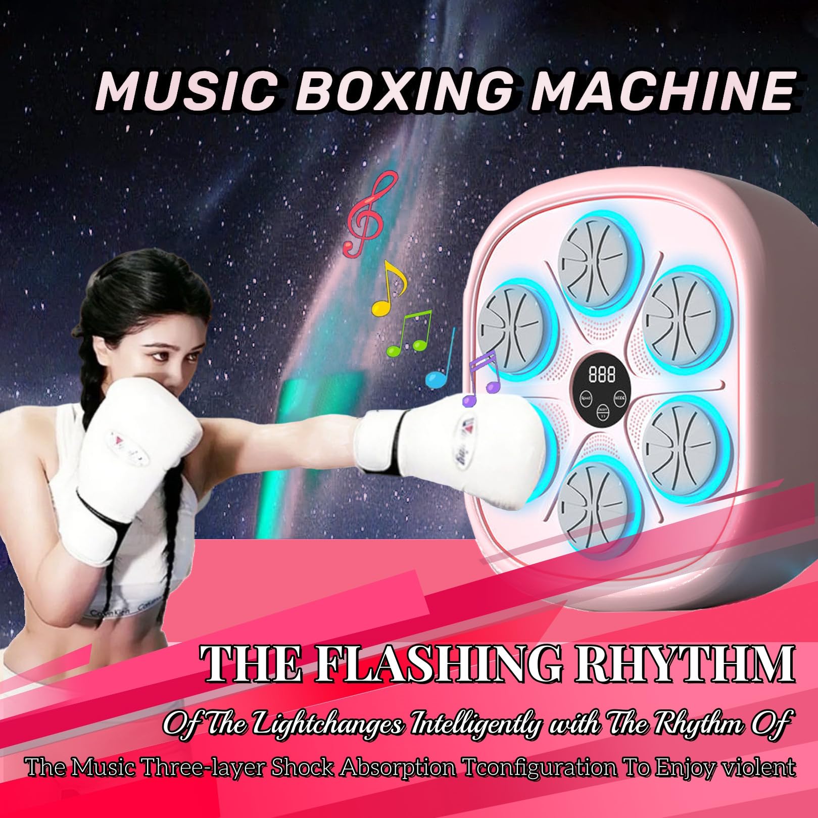 Pink Smart Wall Mounted Music Boxing Machine with Gloves - Boxing Workout Equipment for Home Gym, Fitness Training & Stress Relief
