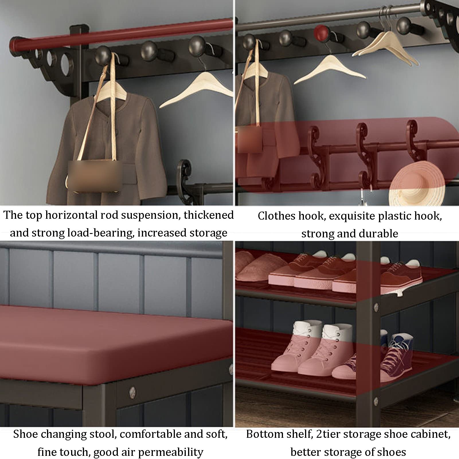 2-Tier Coat Rack Stand with Bench - Portable Metal Clothes Organizer for Hats, Handbags & Shoes | Perfect for Hallway, Bedroom & Entryway Storage Solutions