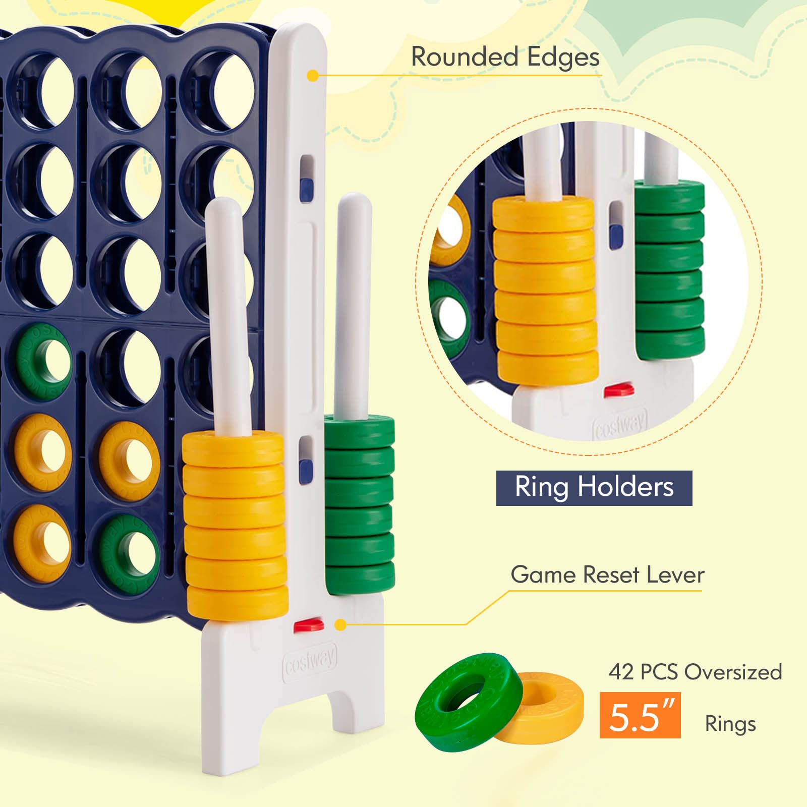 HONEY JOY Jumbo 4-to-Score Giant Game Set - Outdoor Yard Games for Family & Friends with 42 Jumbo Rings & Quick-Release Slider | 3.5FT Tall Giant 4-in-a-Row Game for Kids & Adults | Perfect for Backyard Parties, Picnics, and Outdoor Gatherings