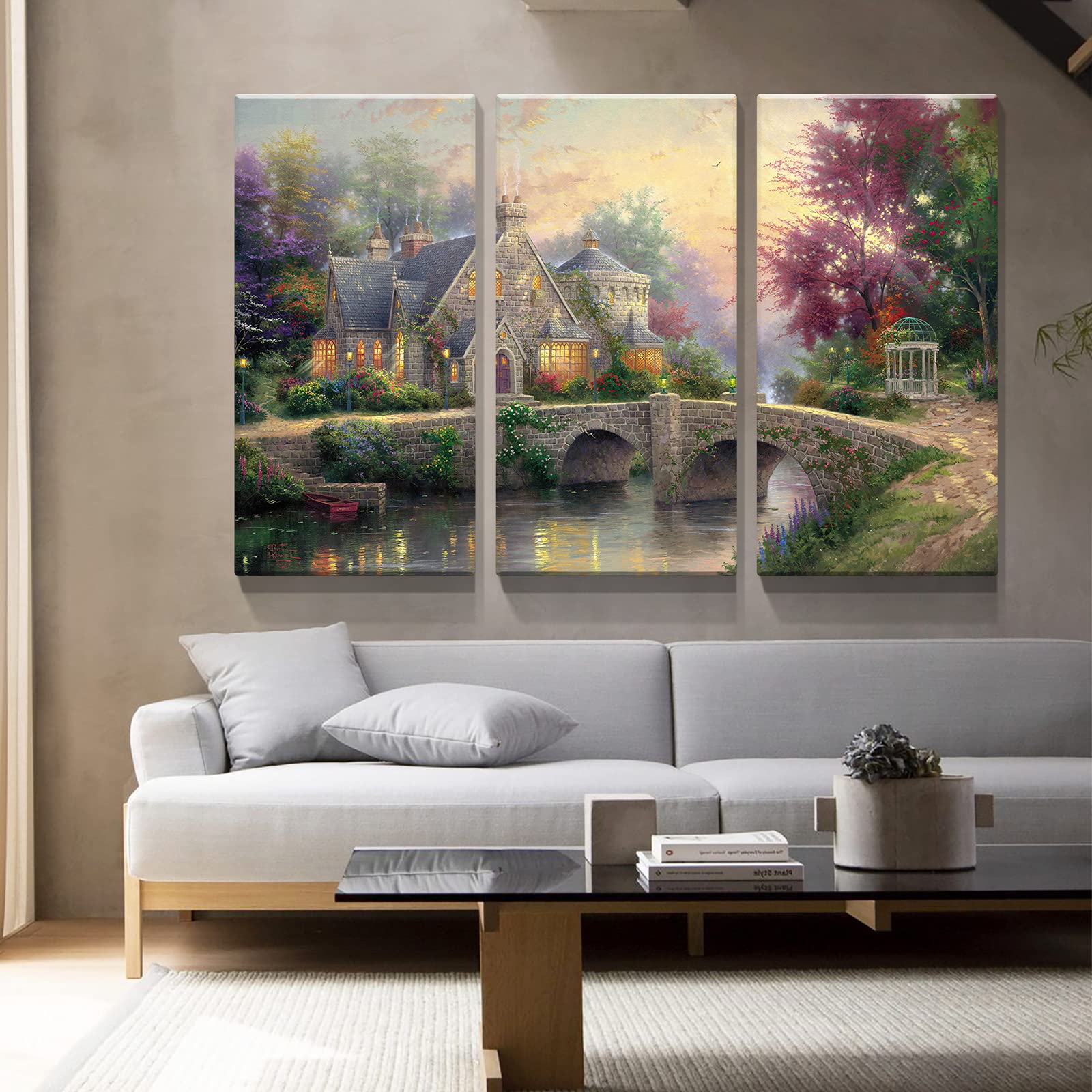 Denozer - 3 Panels Thomas Kinkade Garden Landscape Oil Painting Canvas Wall Art - Stretched & Framed Ready to Hang - 20