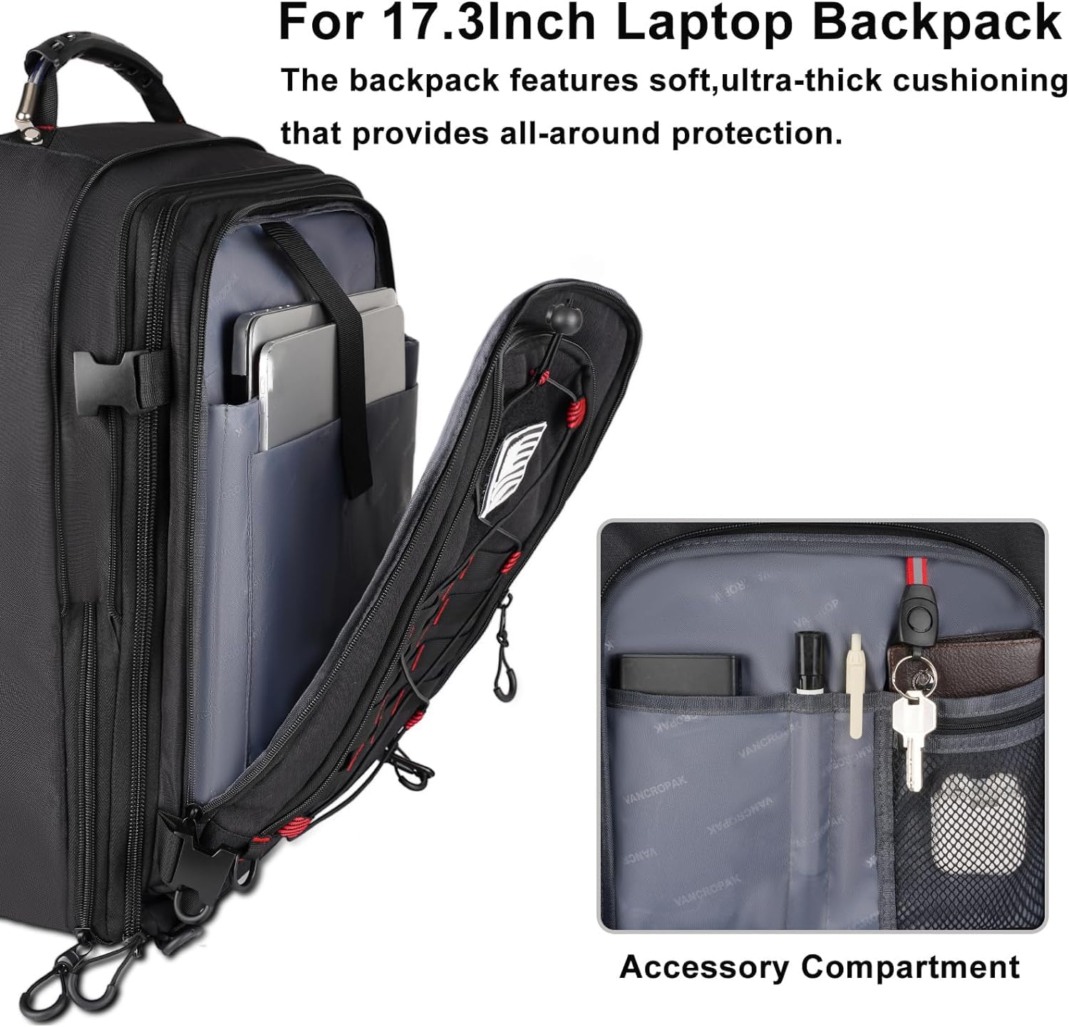 Vancropak Extra Large 17.3 Inch Travel Backpack for Men - Flight Approved Carry On Backpack with 3 Packing Cubes, Expandable 50L Laptop Backpack & Duffel Bag - Perfect for Business Trips, Air Travel & Weekend Getaways (Black)