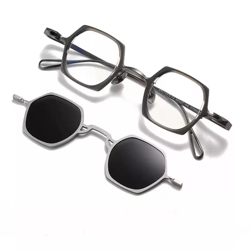 Stylish Unisex Black Titanium Frame Polygon Eyeglasses with Clip-On Sunglasses - Perfect for Outdoor Activities, Driving & Fashion Accessories