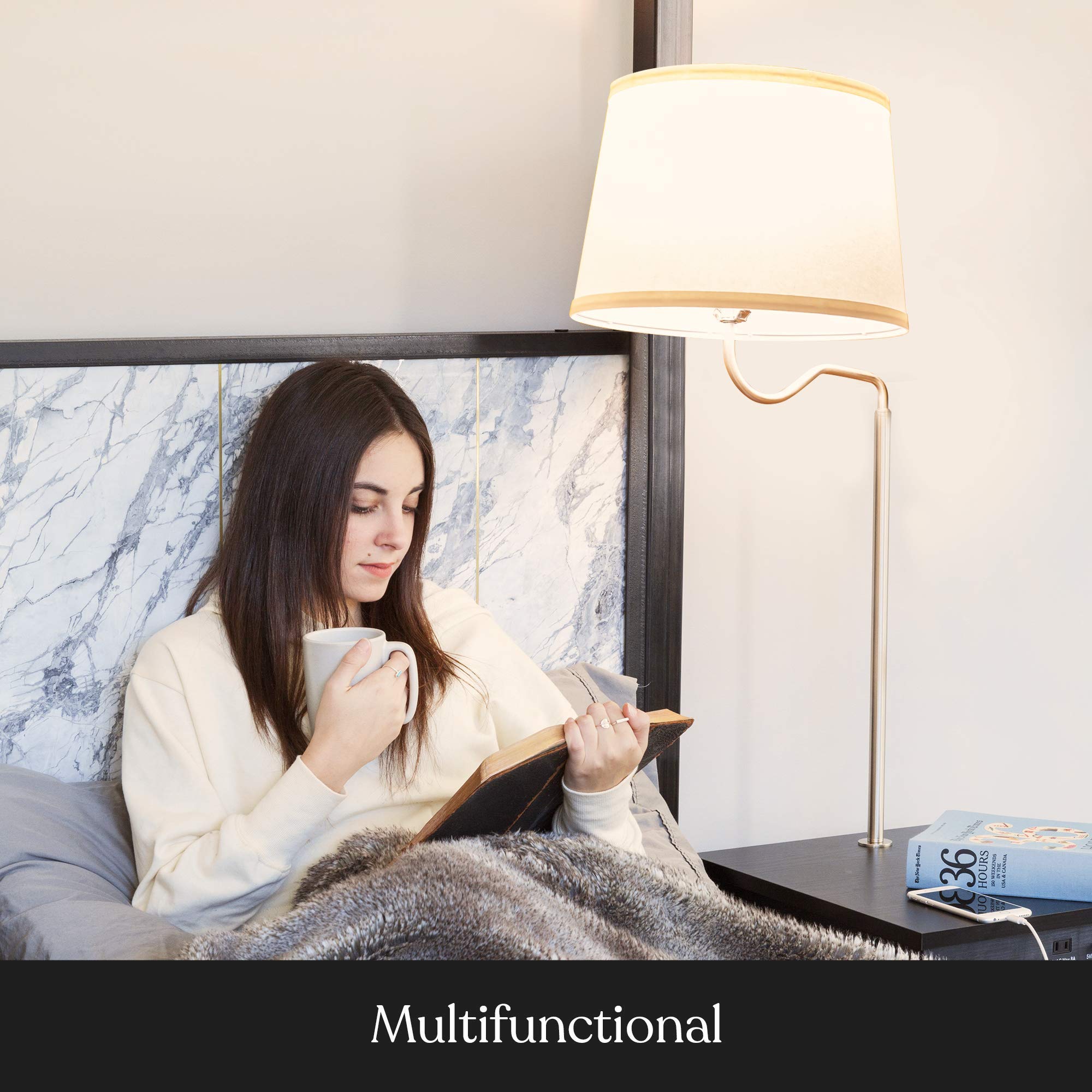 Brightech Maxwell and Madison Modern Floor Lamps Set of 2 with USB Charging Ports & Outlet - Black Living Room Lighting for Bedroom, Office, Reading Nook - Space-Saving Nightstand Lamps with Adjustable Brightness