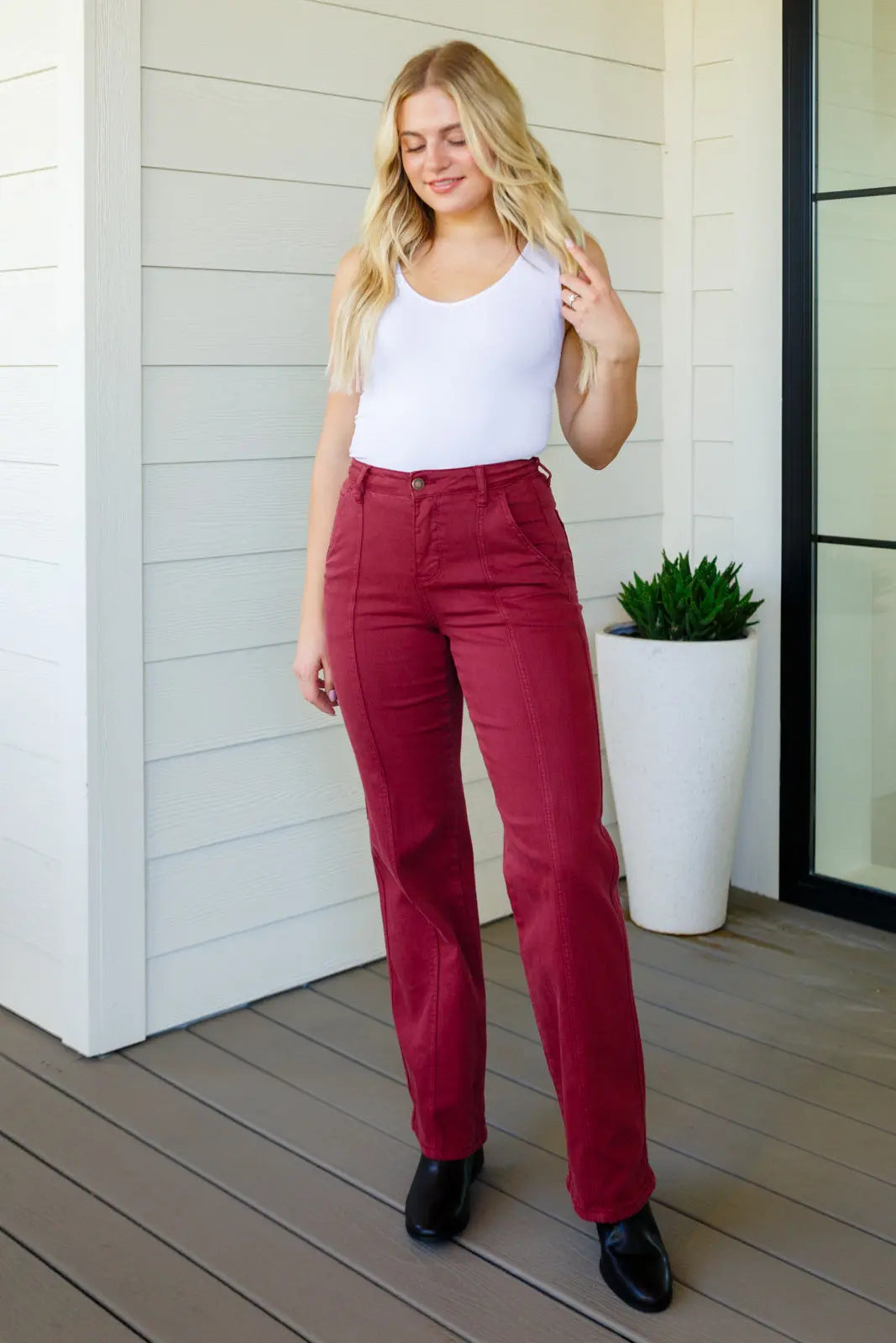 Phoebe High Rise Front Seam Straight Jeans in Burgundy - Women's Slim Fit Stretch Denim Pants for Casual Wear & Everyday Outfits