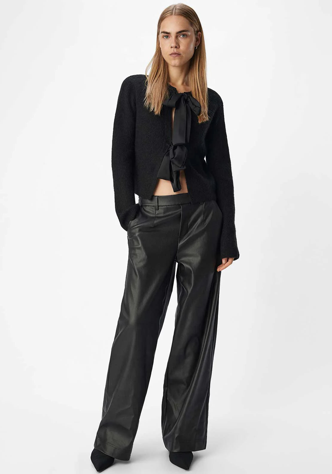 Mel Coated Wide Leg Pants for Women - High Waist Stretch Comfortable Trousers (Black) | Perfect for Office, Casual Wear & Night Out