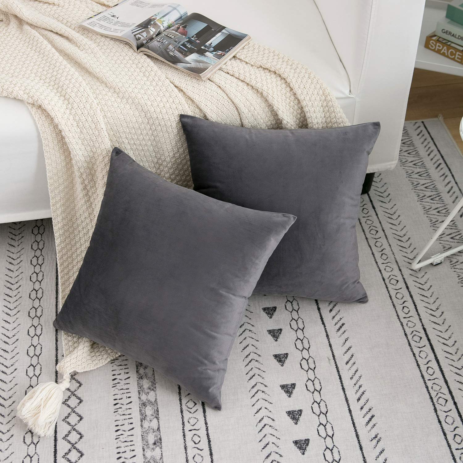 RainRoad Velvet Decorative Throw Pillow Covers - Soft Square Gray Cushion Covers 18x18 Inch (Set of 2) for Sofa, Couch, Bed & Chair - Perfect for Living Room Decor, Bedroom Accents & Home Styling