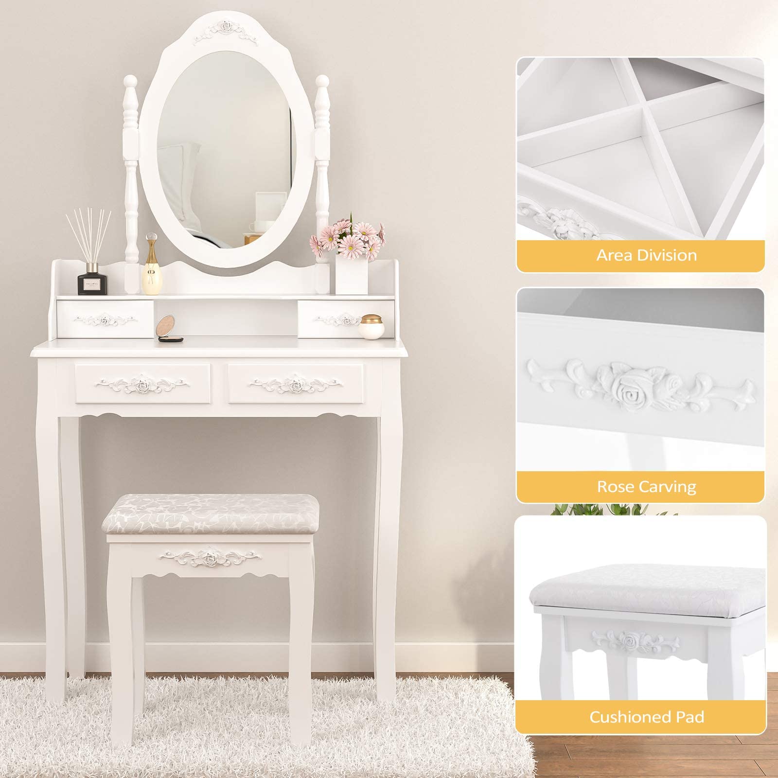 Alohappy Vanity Set with Mirror & Stool - 4 Drawer Wood Dressing Table for Bedroom Makeup