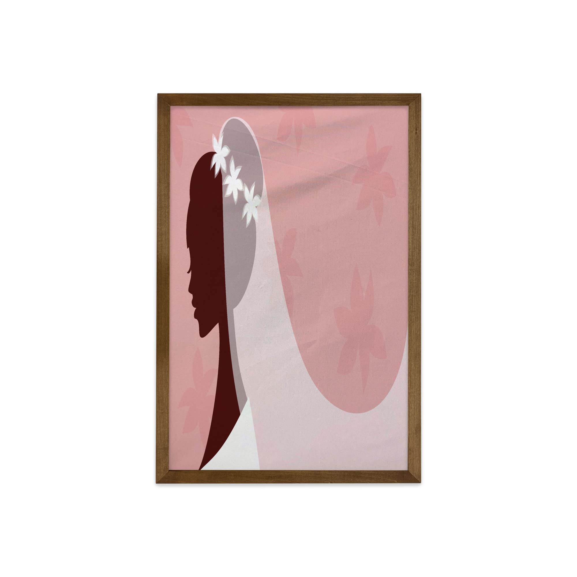 Ambesonne Bridal Shower Framed Wall Art - Elegant Bride in Wedding Dress with Veil on Pink Backdrop, Teak Wood Frame Fabric Decor (23