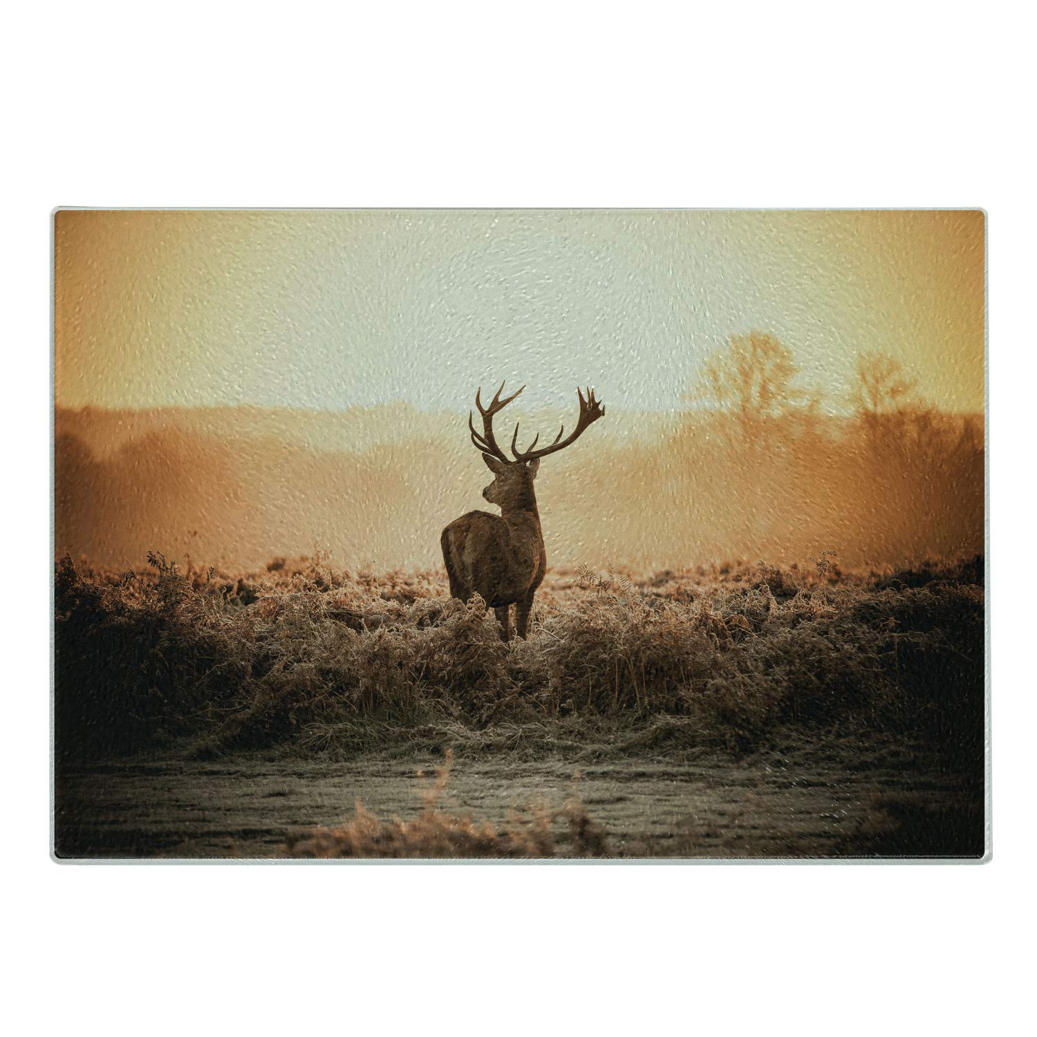 Ambesonne Hunting Themed Cutting Board - Red Deer in Morning Sun Wilderness Scenery - Tempered Glass Serving Board for Kitchen & Dining - Small Size, Brown Orange - Perfect for Charcuterie, Cheese, and Appetizer Presentation