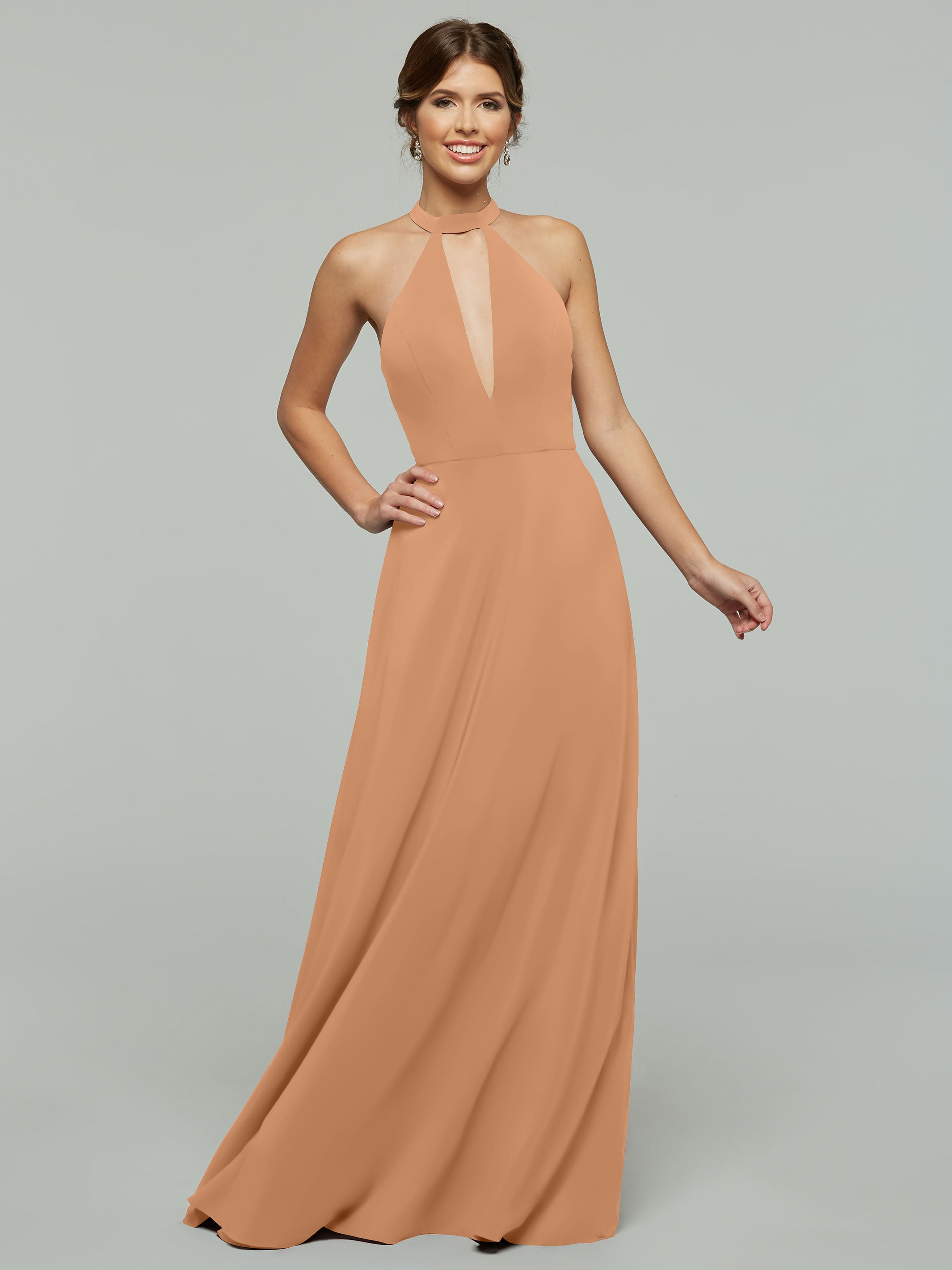 Elegant 80115 Stretch Chiffon A-Line Bridesmaid Dress with Plunging Halter Neckline - Perfect for Weddings, Formal Events & Special Occasions