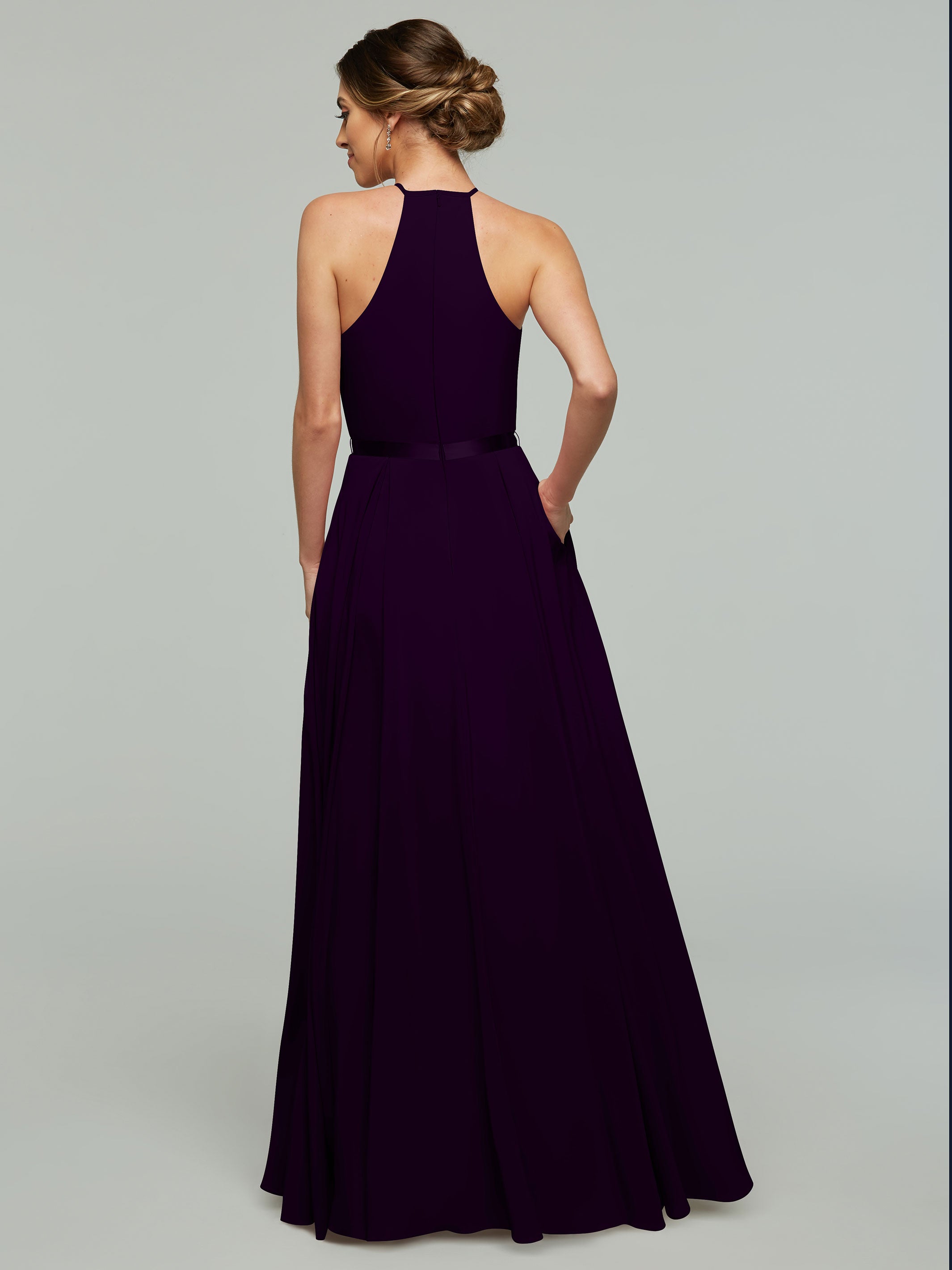 Elegant A-Line Stretch Chiffon Bridesmaid Dress with Halter Neckline & Adjustable Waist Belt - Perfect for Weddings, Formal Events & Special Occasions