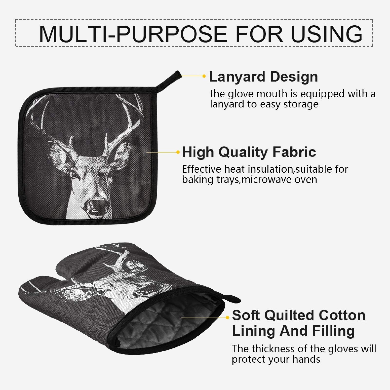 Heat Resistant Elk Art Quilted Oven Mitt & Pot Holder Set - Deer Painting Kitchen Gloves for Cooking, Baking, Grilling - Machine Washable Hot Pads for Christmas Gifts & Holiday Cooking