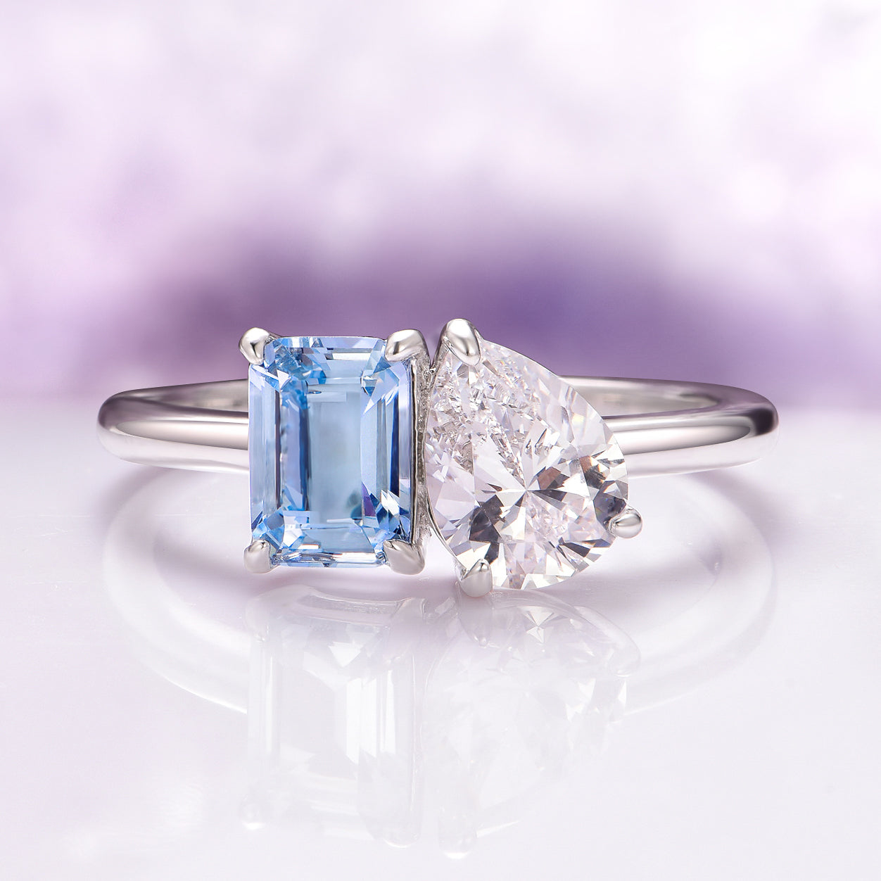 Toi Et Moi Aquamarine and Diamond (CZ) Ring - 925 Sterling Silver Engagement Ring for Women, Perfect for Valentine's Day, Anniversary, or Proposal Gift