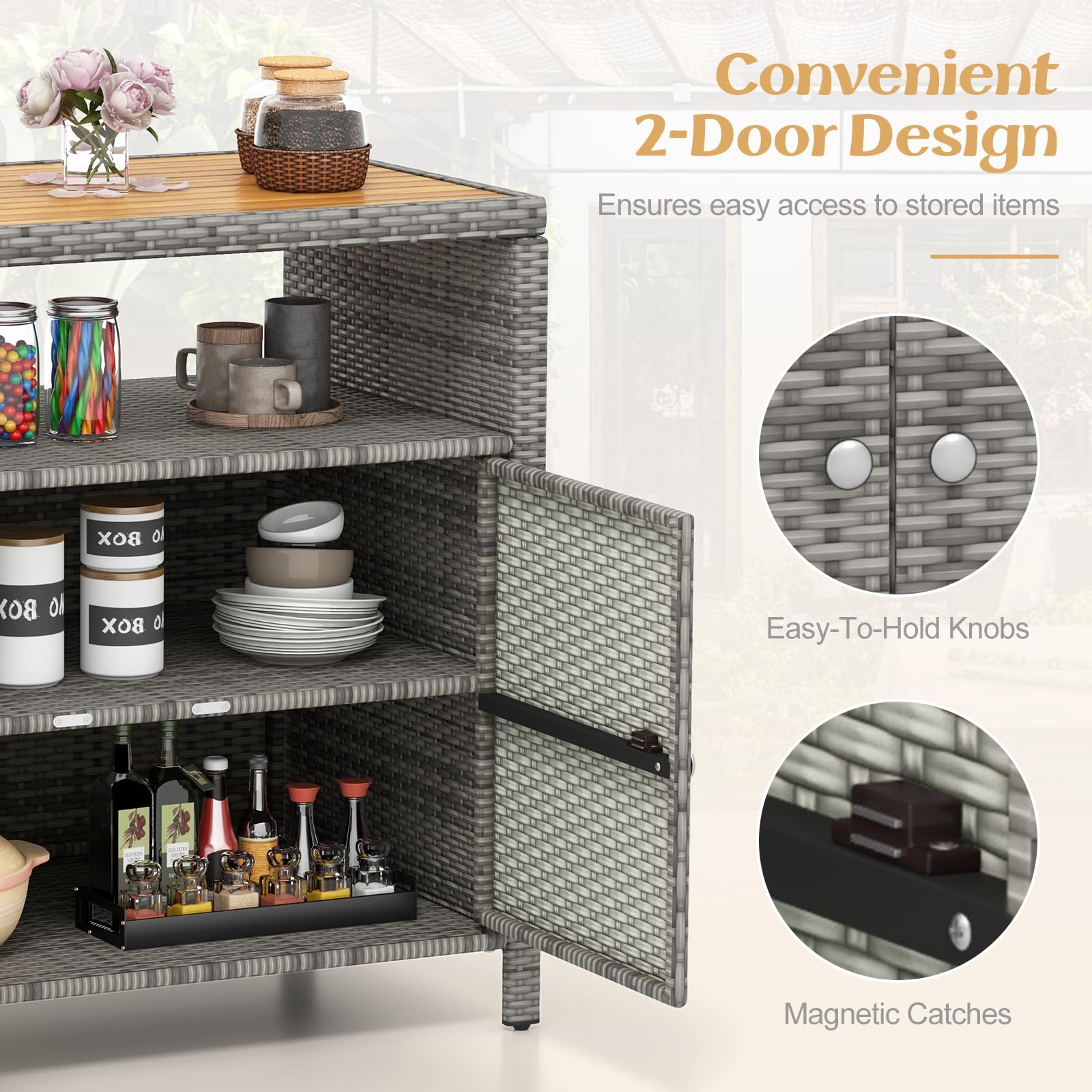 Tangkula Rattan Storage Cabinet with Acacia Wood Countertop - 2-Door Wicker Sideboard for Outdoor Patio, Poolside & Garden - Mix Grey Storage Organizer with Open & Enclosed Compartments