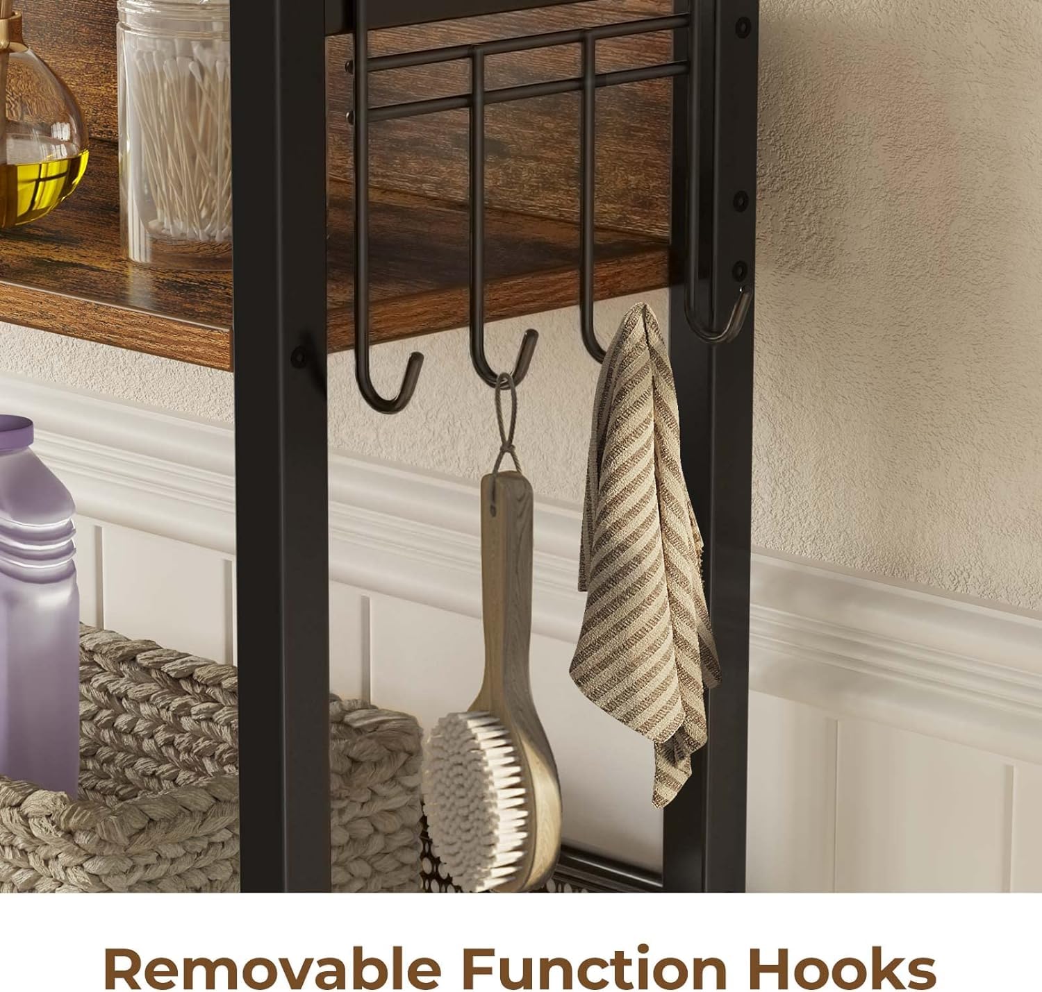 Rolanstar 4-Tier Over The Toilet Storage Organizer - Freestanding Bathroom Shelf with Hooks, Space-Saving Design for Small Bathrooms, Rustic Brown - Perfect for Towels, Toilet Paper & Bathroom Essentials Storage