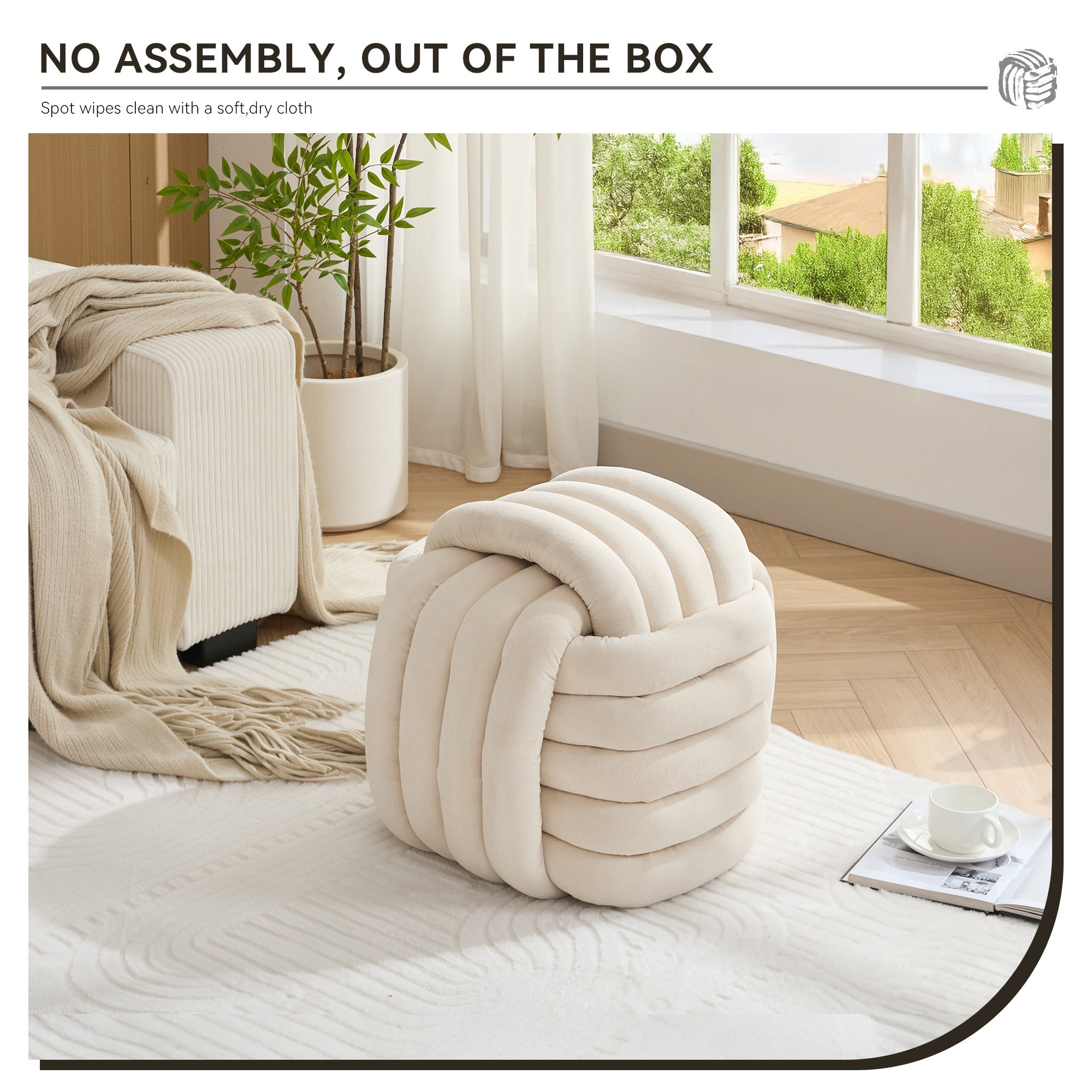 Modern Knot Design Chenille Fabric Ottoman Footstool - Comfortable & Stylish Makeup Stool for Living Room, Bedroom - Beige Home Decor Accent | Perfect for Lounging, Reading Nook & Vanity Seating