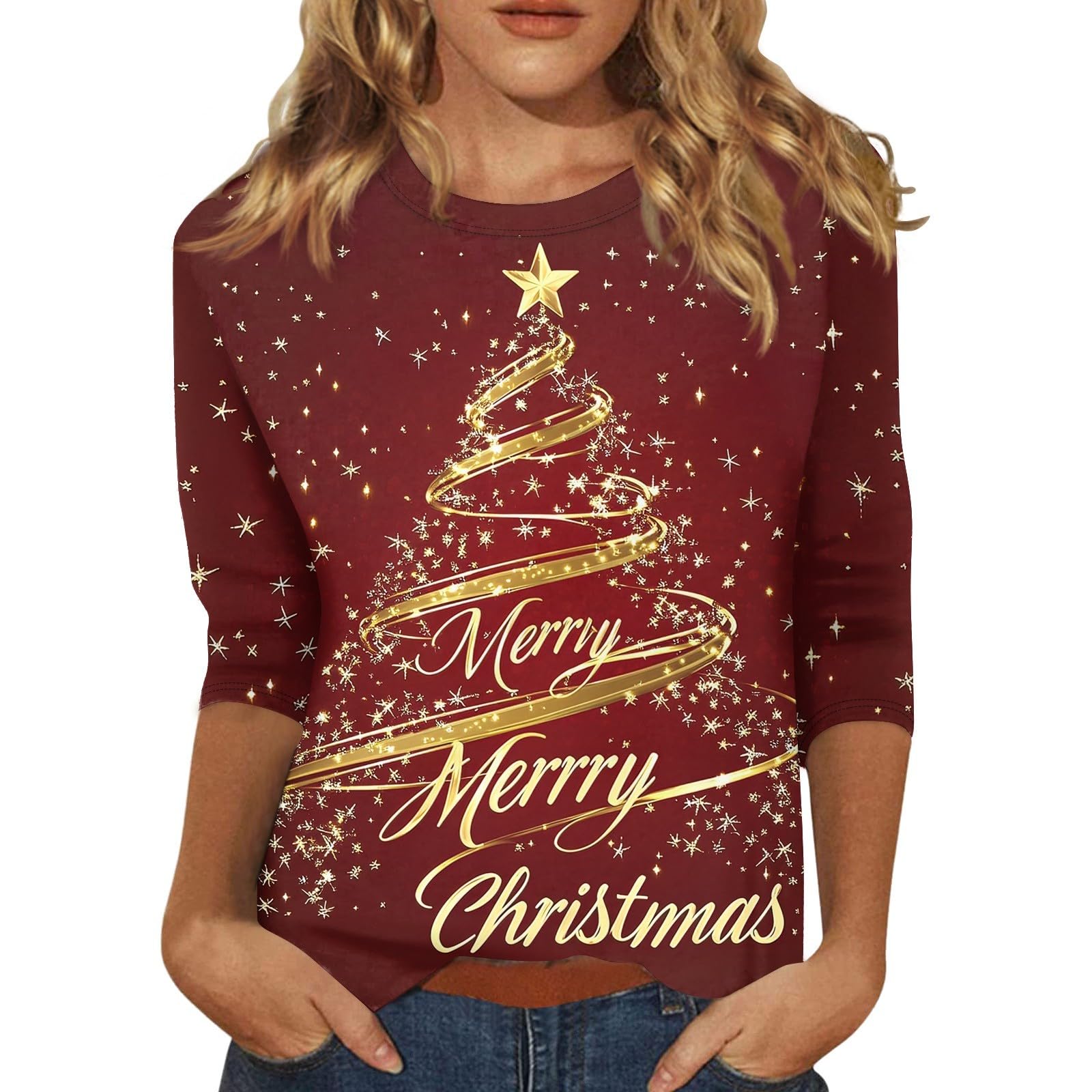 NAMTYQX Women's Christmas T-Shirts - 3/4 Sleeve Crewneck Loose Blouse, Plus Size Holiday Printed Top for Xmas Gifts | Casual Wear, Office Outfit & Party Apparel