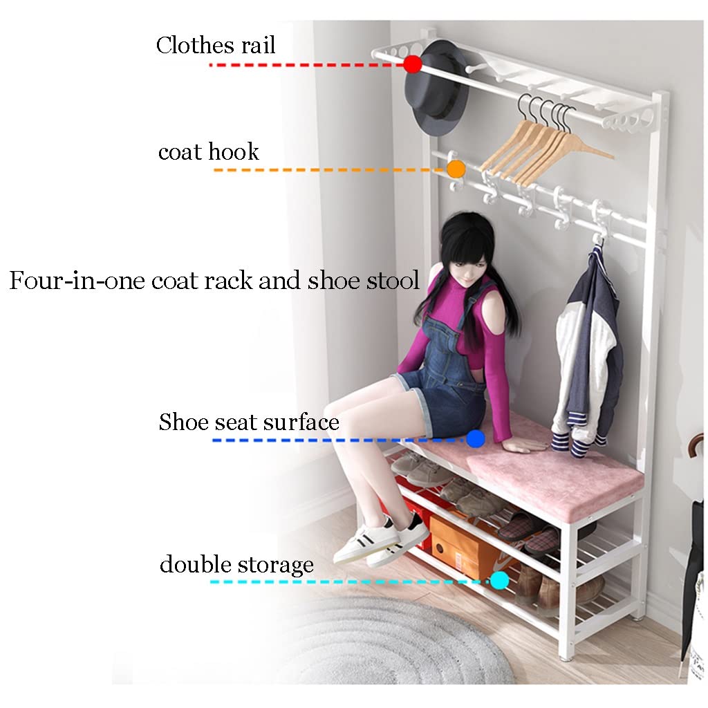 4-in-1 Entryway Hall Tree with Shoe Storage Bench & 5 Double Hooks | White Powder Coated Metal Frame (100x33x170cm) | Perfect for Small Spaces, Apartments & Mudroom Organization