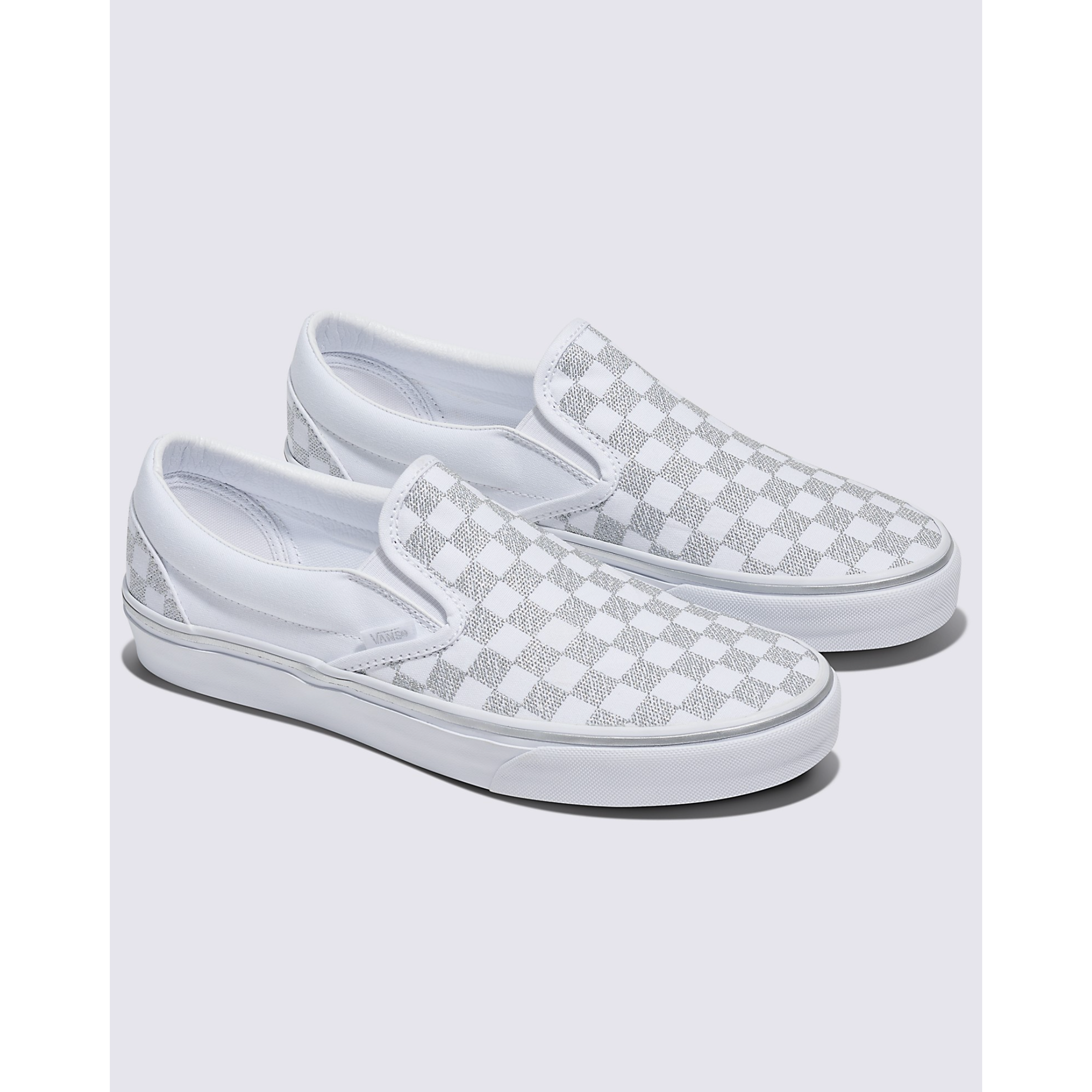 Vans Classic Slip-On Checkerboard Sneakers in Metallic True White | Skate Shoes for Men & Women | Perfect for Casual Wear, Street Style & Skateboarding