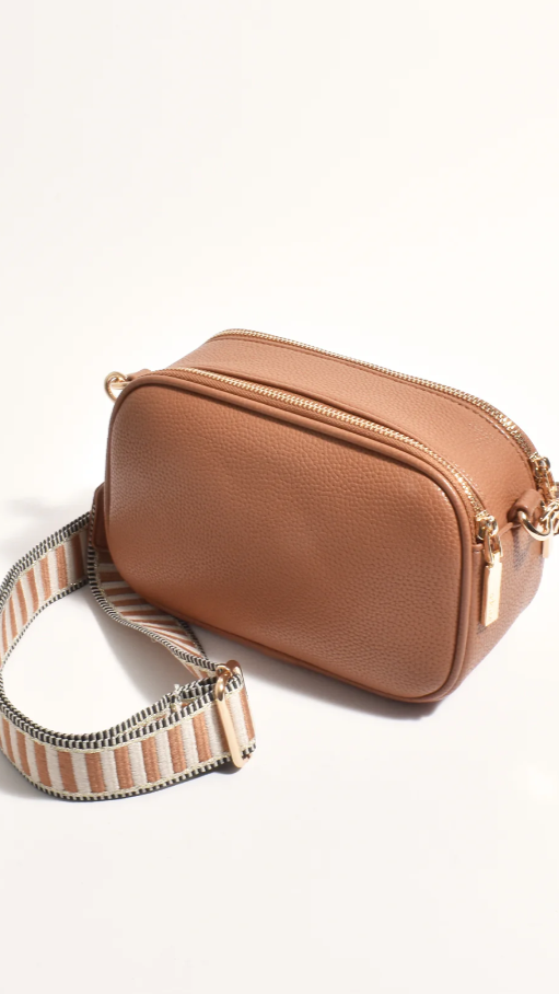 Bella Striped Webbing Camera Bag Tan - Stylish DSLR/SLR Camera Case for Travel & Photography Enthusiasts
