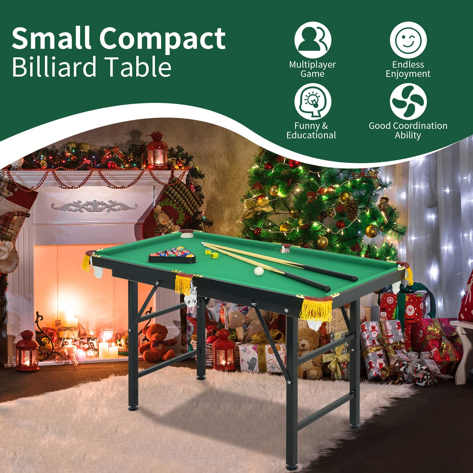 OLAKIDS 47 Inch Portable Folding Billiards Table Set - Includes 2 Billiard Cues, Balls, Triangle Rack, Brush & Chalk - Compact Pool Table for Kids, Adults, Family & Office - Perfect for Indoor Games, Birthday Gifts & Home Entertainment
