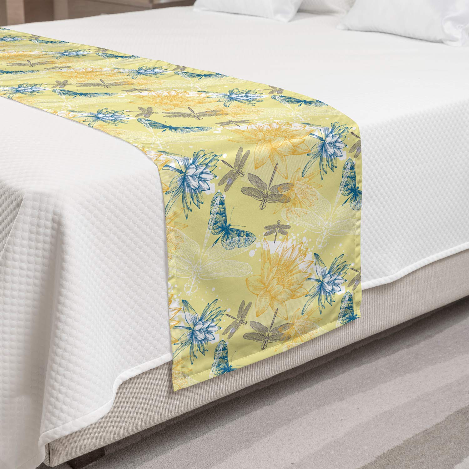 Vintage Style Dragonfly Bed Runner - Water Lilies & Flying Insects Exotic Fauna Decorative Accent Scarf for Queen King Beds | Pale Yellow Blue Home Decor | Perfect for Hotels, Guestrooms & Bedroom Makeover