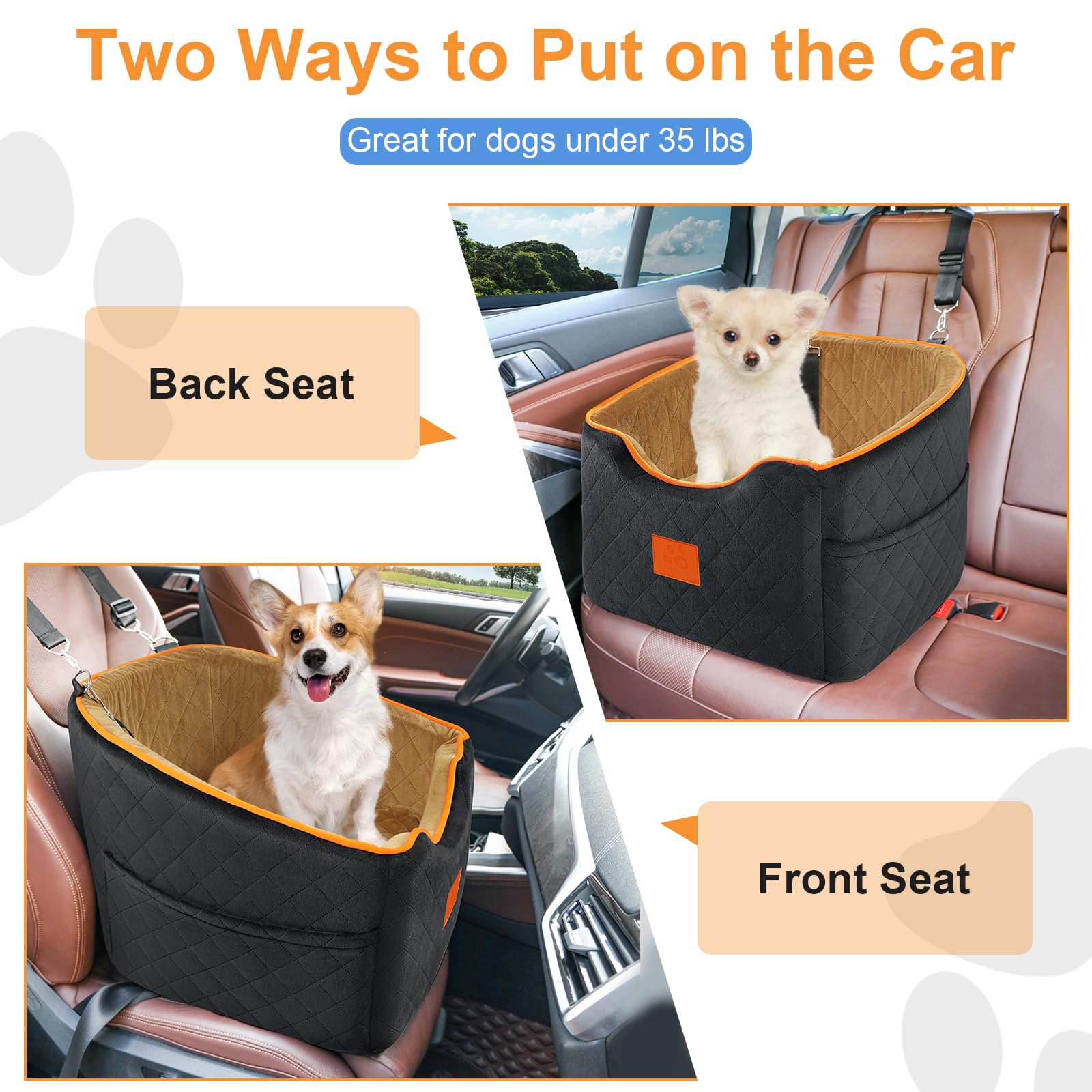 Small Dog Car Seat with Memory Foam - 35 lbs Pet Booster Seat | Washable Cover & Storage Pockets | Perfect for Car Travel & Road Trips with Your Puppy