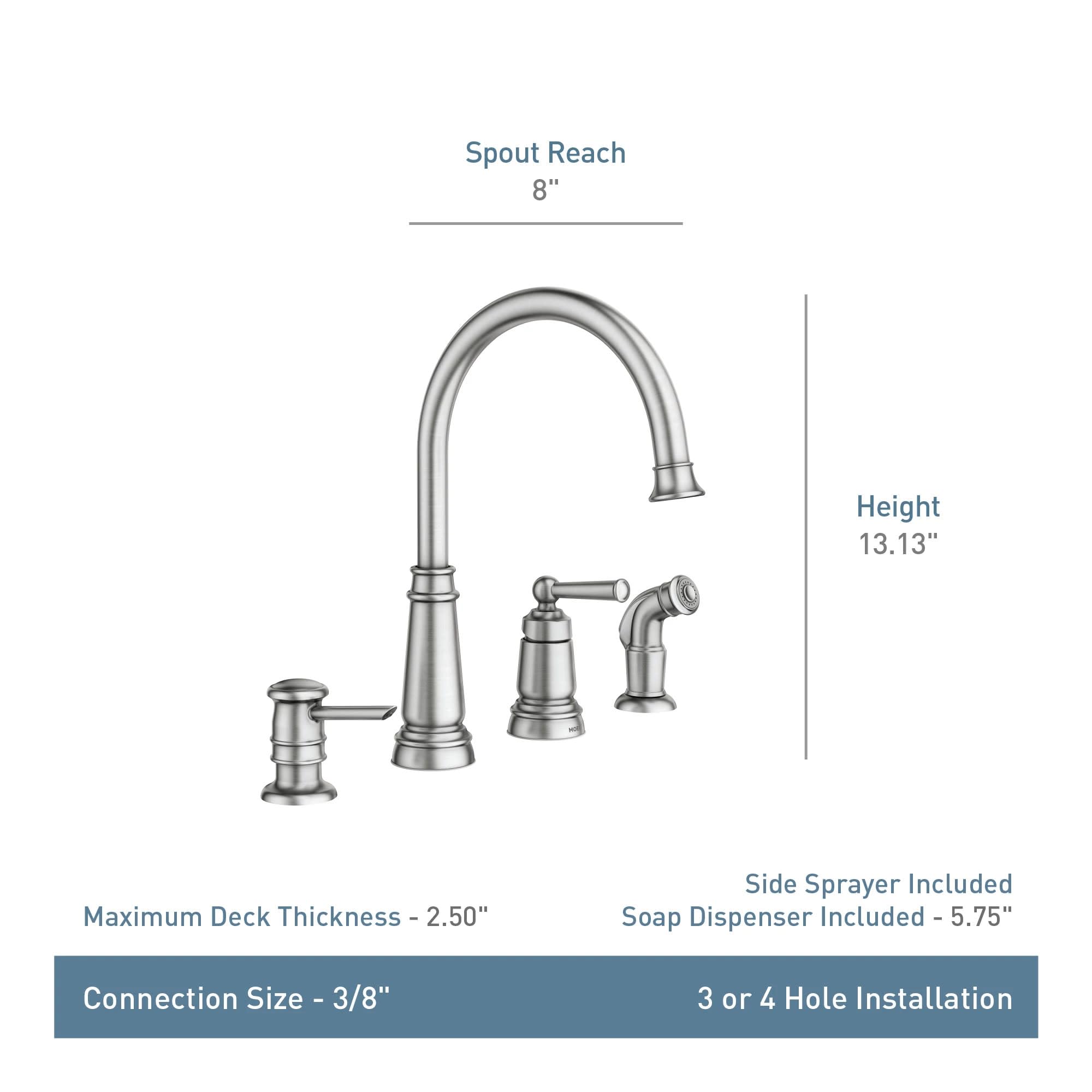 Moen 87042SRS Spot Resist Stainless Steel One-Handle High Arc Kitchen Faucet with Side Sprayer & Soap Dispenser - 4 Hole Installation for Modern Kitchens | Perfect for Cooking, Washing Dishes & Food Prep