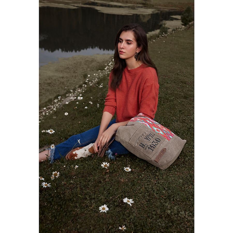 Myra Bag Women's Tote - Eco-Friendly Upcycled Canvas & Leather Shoulder Bag for Western Style - Perfect for Work, Travel & Outdoor Adventures