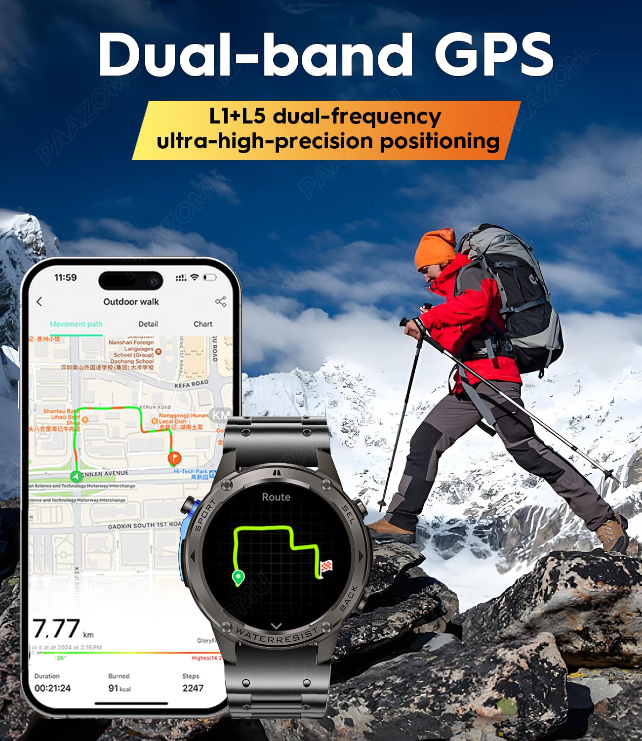 Military Tactical Smartwatch for Men - 5ATM Waterproof, GPS, Compass, Altimeter, Barometer, 1.43