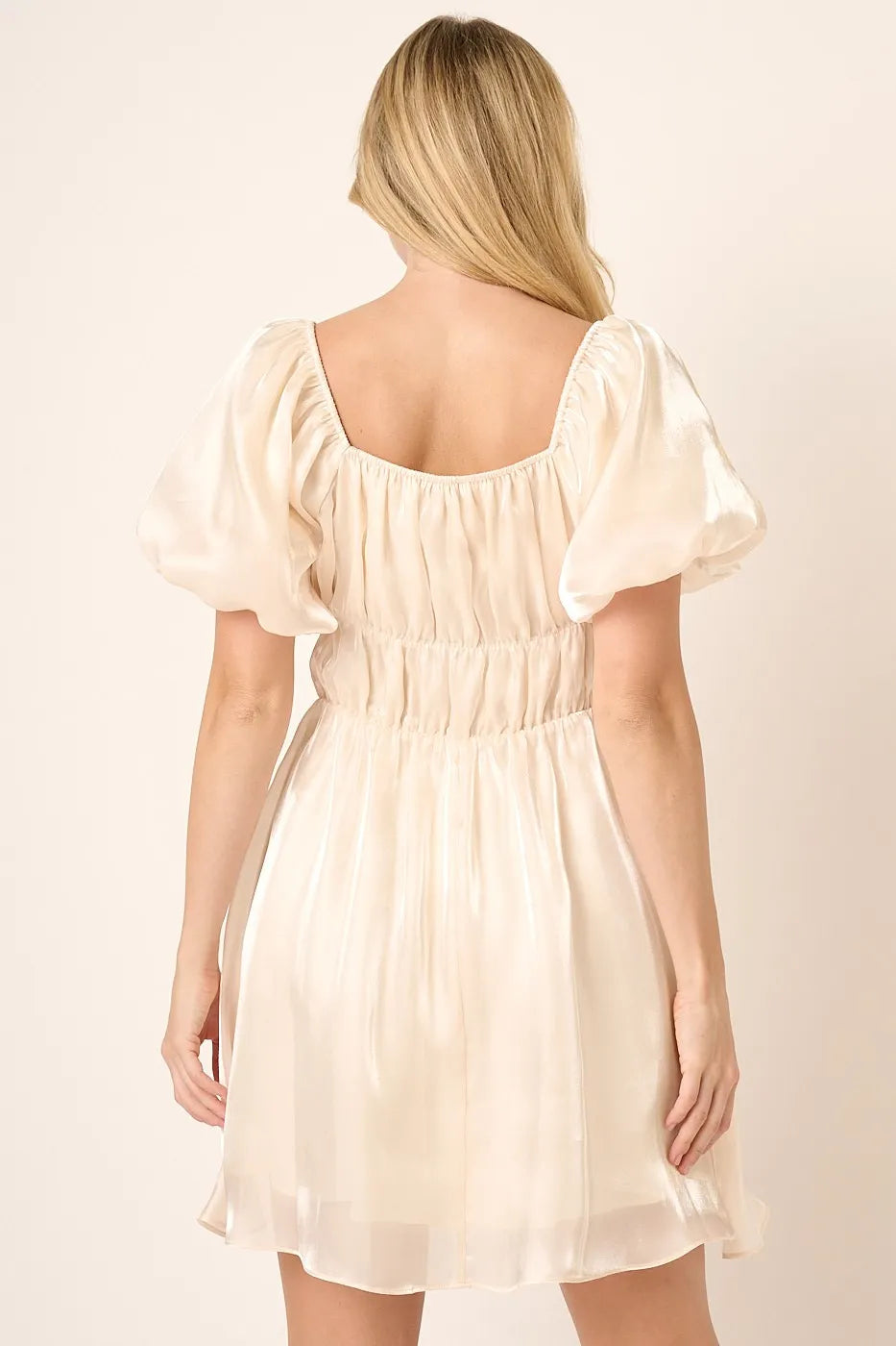 Elegant Metallic Organza Balloon Sleeve Mini Dress for Party, Wedding, Prom & Special Occasions | Shimmering Cocktail Dress for Women | Perfect for Evening Events, Date Nights & Celebrations