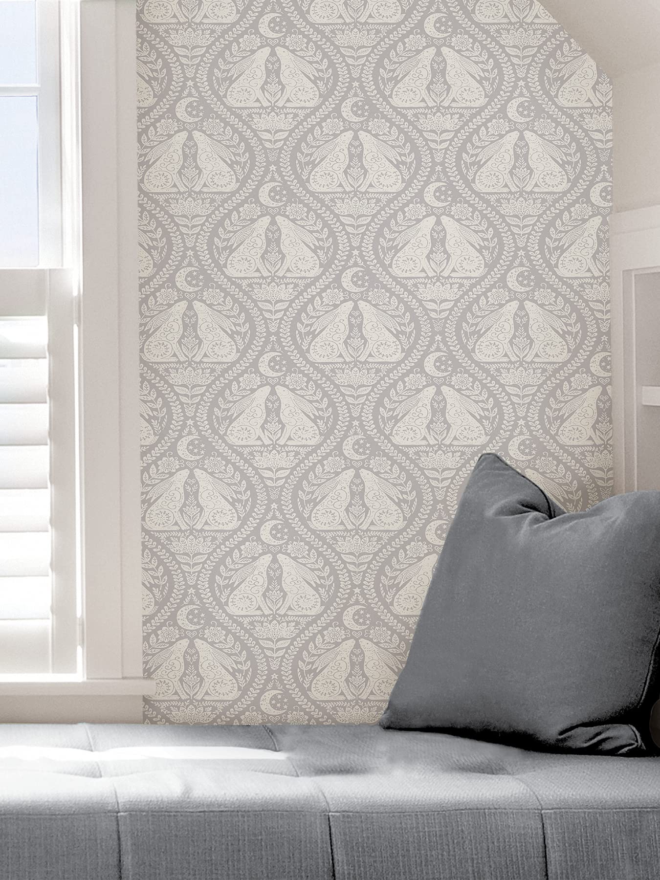 Grey Moon Rabbit Peel & Stick Wallpaper - Self-Adhesive Removable Wall Decor for Bedroom, Nursery, Living Room | Easy DIY Home Decoration for Walls, Furniture & Accent Walls