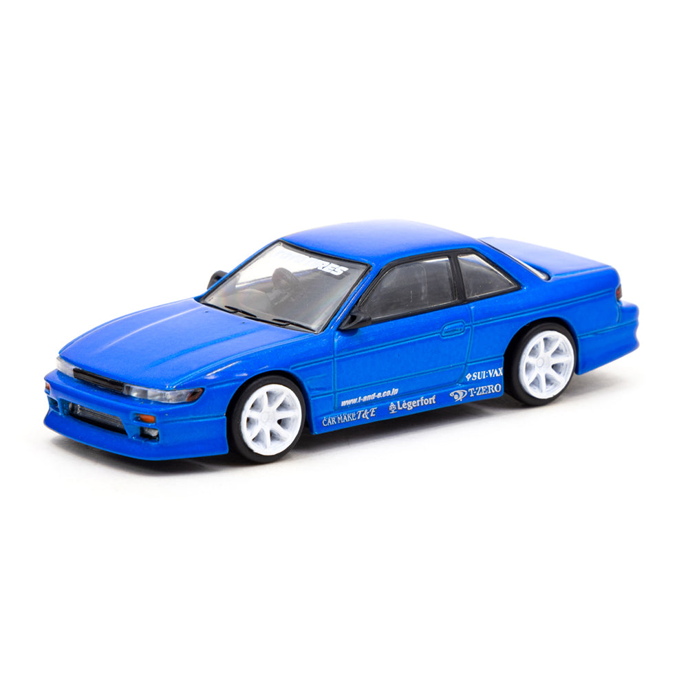 Tarmac Works 1:64 Scale Nissan Silvia S13 Vertex Blue Metallic Diecast Model Car with Toyo Tires - Perfect for Collectors, Display, and Racing Scenes