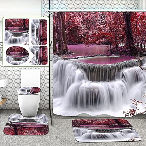 4Pcs Forest Waterfall Shower Curtain Set with Non-Slip Bath Mat & Toilet Cover - Waterproof Scenic Bathroom Decor for Modern Home - Perfect for Spa, Bathroom Makeover & Nature-Themed Interior Design