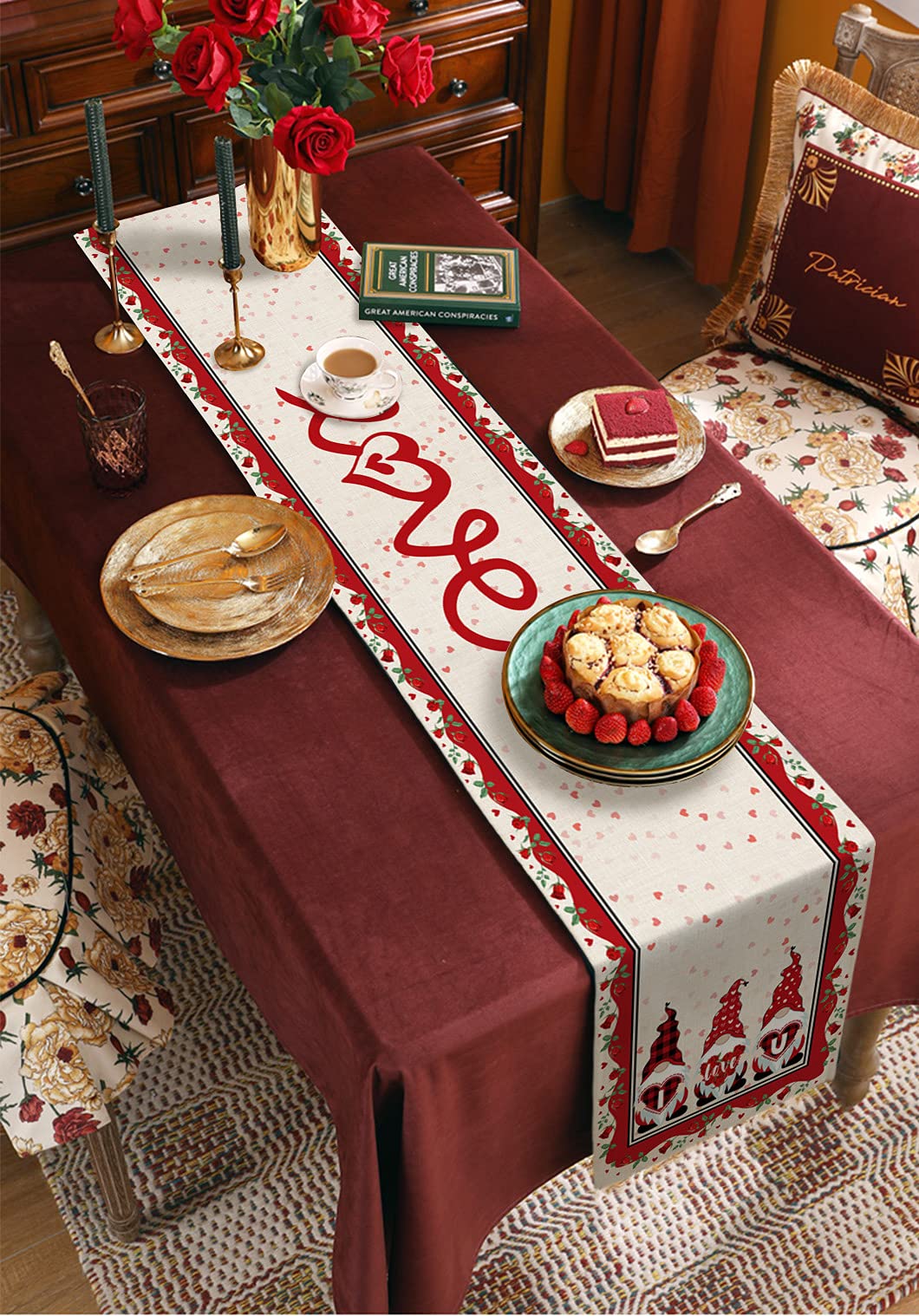 72 Inch Long Linen Table Runner with Valentine's Day Gnome & Heart Design - Elegant Kitchen & Dining Table Decor for Parties, Weddings, Home Decor (13x72 Inches) - Perfect for Romantic Dinners, Holiday Celebrations & Special Occasions