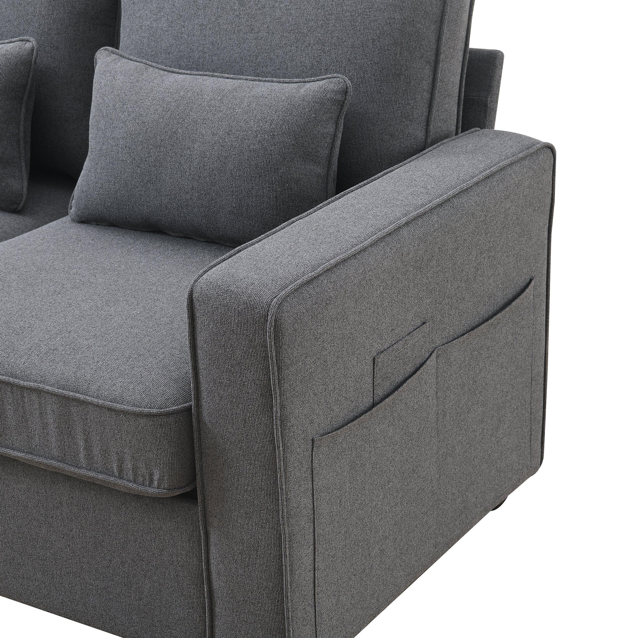 Modern 4-Seater Linen Fabric Sofa with Armrest Storage Pockets & 4 Throw Pillows - Minimalist Living Room Couch for Small Spaces, Apartments and Cozy Home Decor