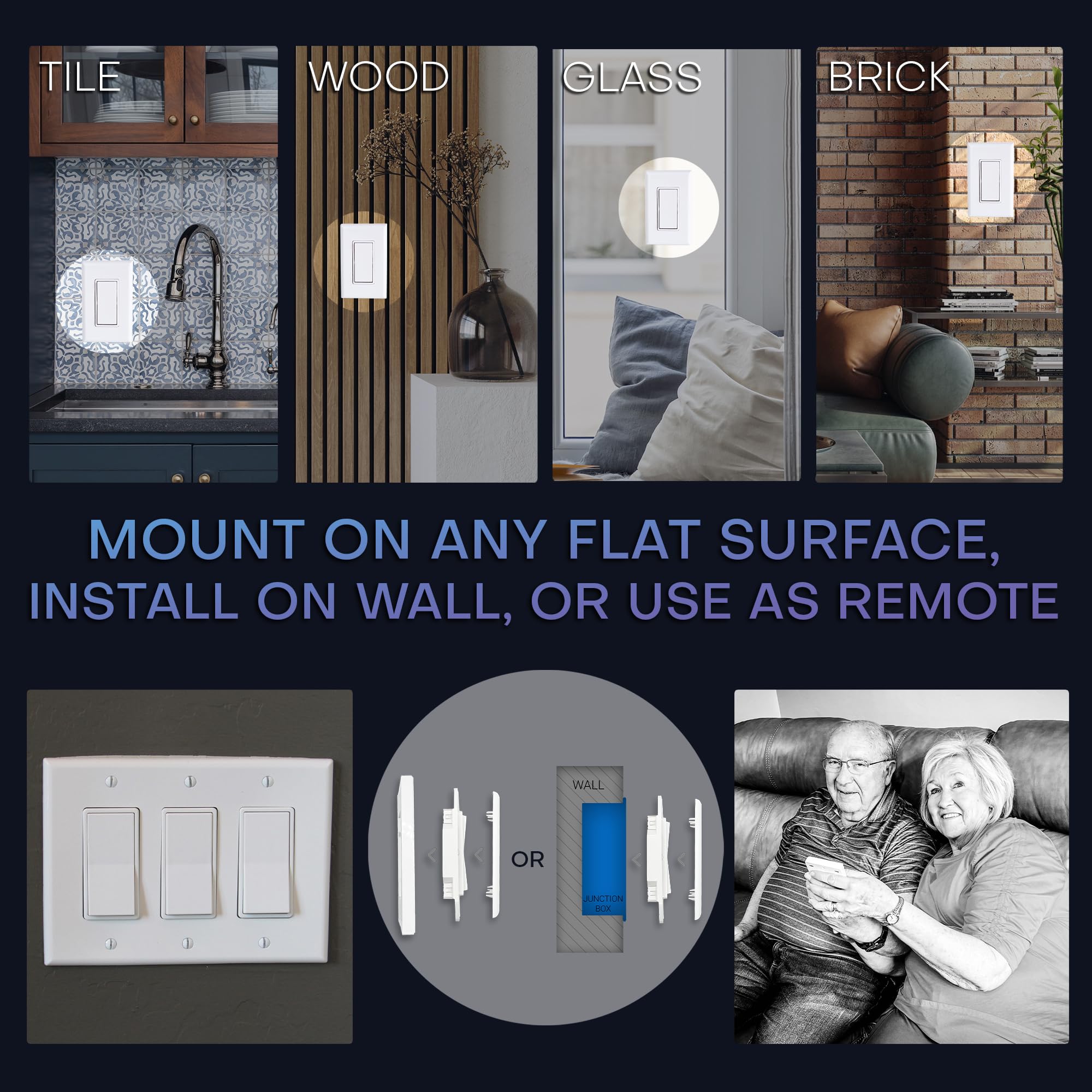 RunLessWire 2 Fixture Remote Light Switch Kit - Wireless, Battery-Free, Self-Powered Kinetic DIY Wall Switch - 150ft RF Range - Includes 2 On/Off Receivers & 1 Switch - Light Almond - Perfect for Bedrooms, Living Rooms & Home Automation
