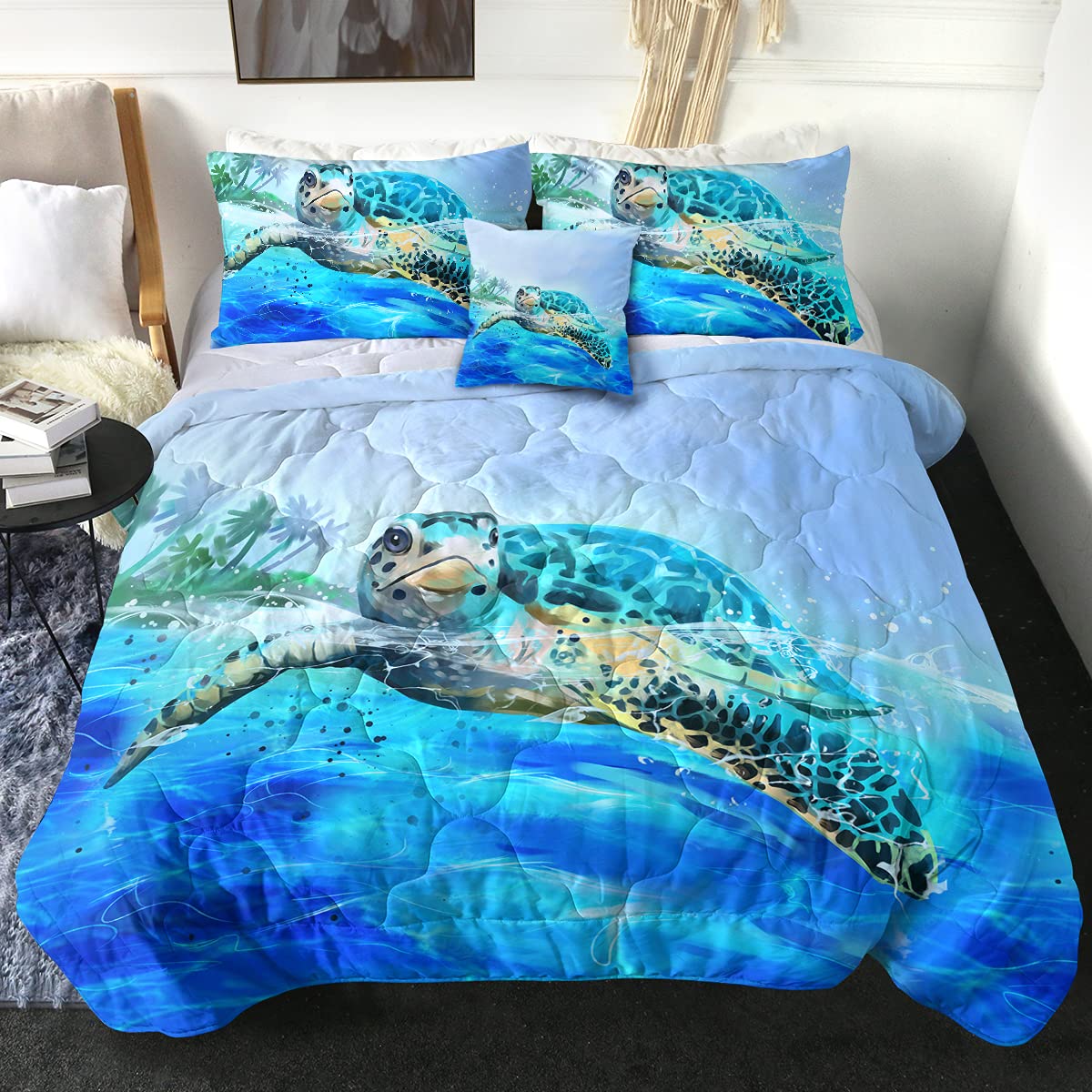 Sleepwish 3D Printed Sea Turtle Comforter Set Queen Size - Tropical Ocean Animal Theme Reversible Bedding for Kids & Teens (4-Piece Set with Comforter, 2 Pillow Shams & Cushion Cover) - Perfect for Beach-Themed Bedrooms, Summer Decor & Boys' Room Makeover