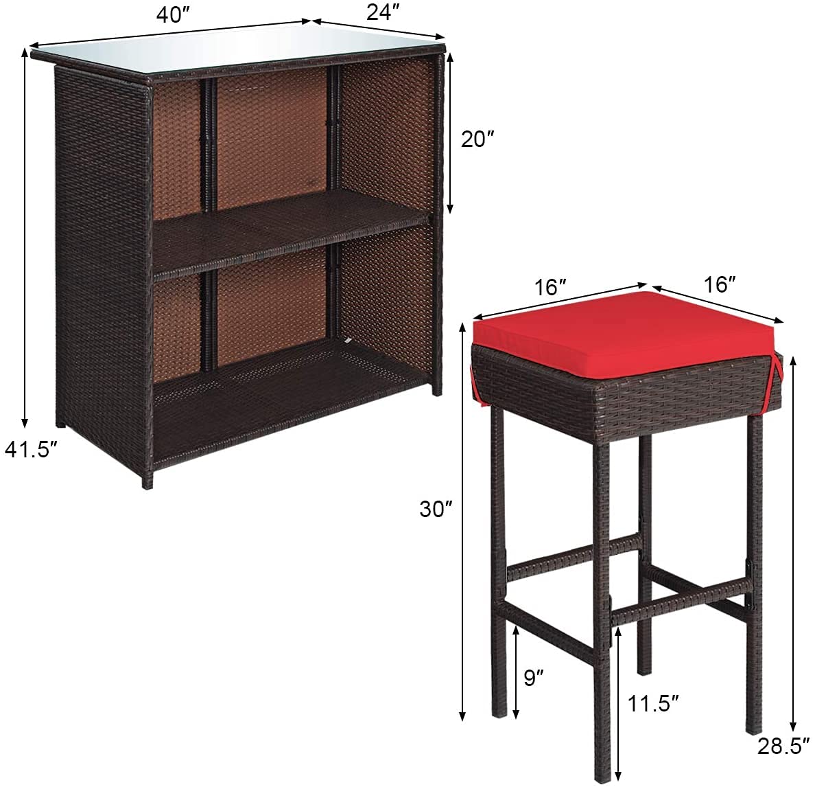 Outdoor Patio Bar Set - 3-Piece Wicker Rattan Bar Stools & Glass Top Table with 2 Storage Shelves & Cushions - Perfect for Lawn, Pool, Backyard, Garden, Porch (Red) | Ideal for Outdoor Entertaining, Relaxing & Dining Al Fresco