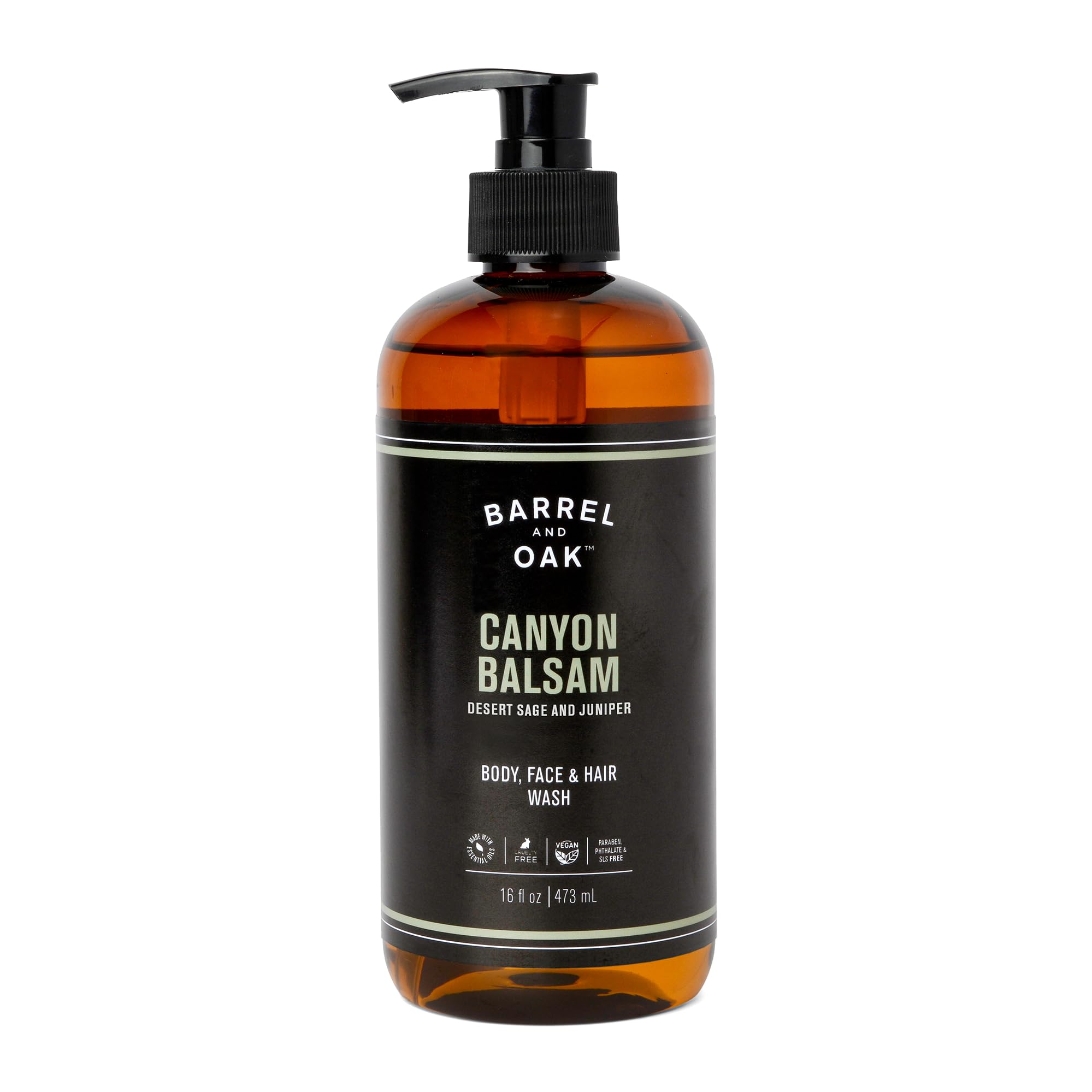 Barrel and Oak All-in-One Men's Body Wash & Shampoo - Essential Oil Blend with Fir Needle, Citrus Zest & Red Cedar (Canyon Balsam Scent, 16 oz) - Multi-Use for Hair, Face & Body - Perfect for Gym, Travel & Daily Shower Routine