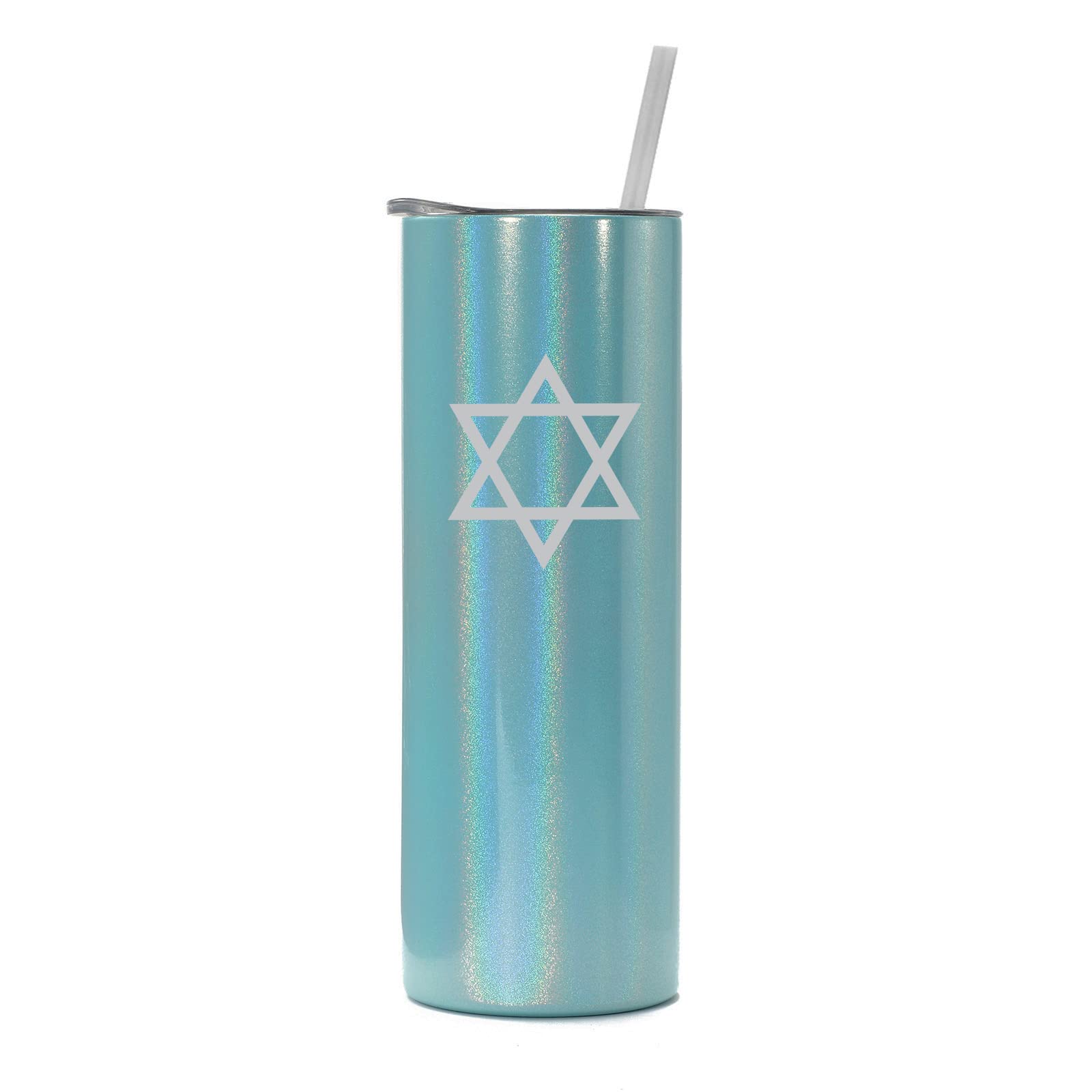 20 oz Skinny Tall Stainless Steel Vacuum Insulated Tumbler with Straw - Star of David Design (Light Blue Iridescent Glitter) - Perfect for Travel, Office & Jewish Holiday Gifts