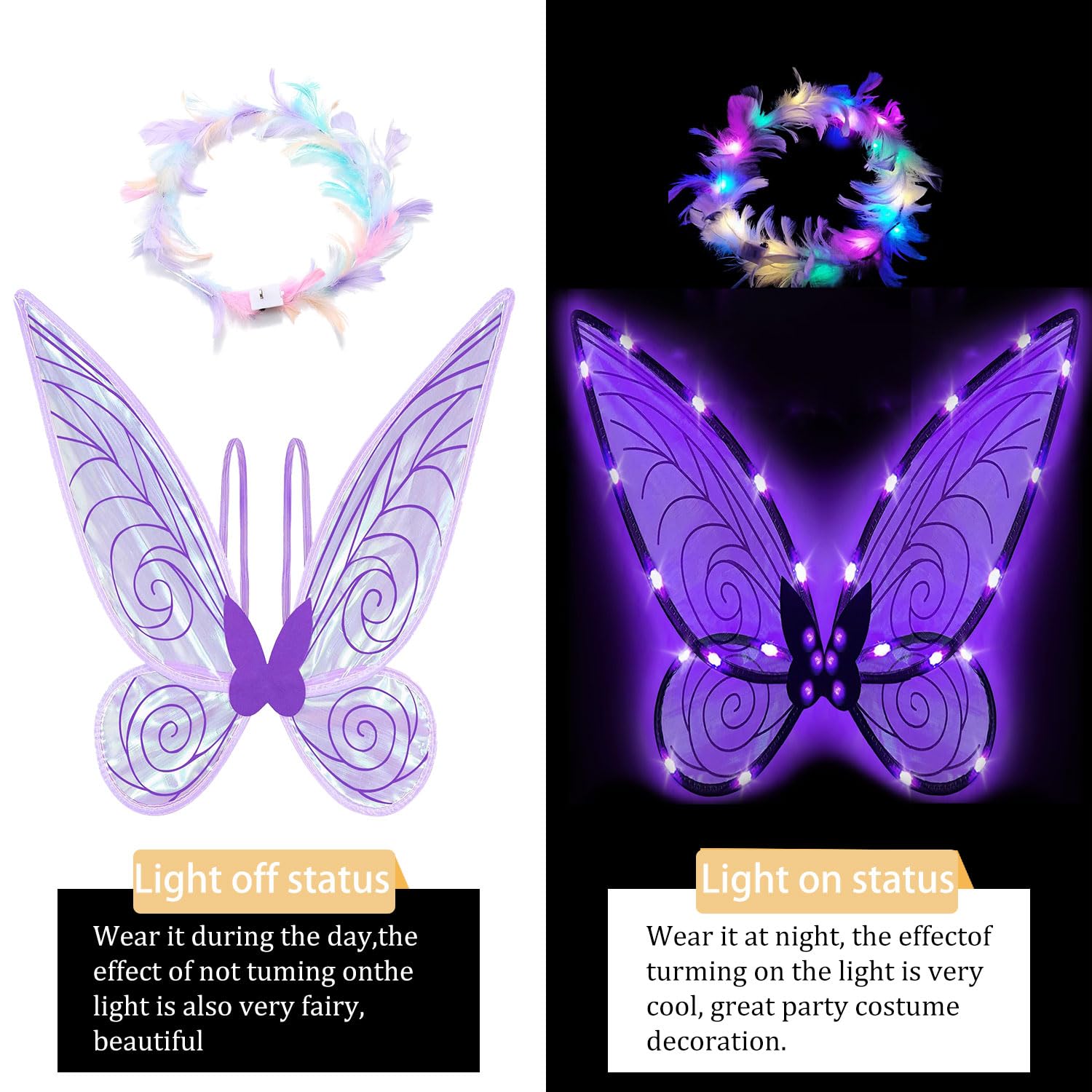 Glowing Fairy Wings for Adults - LED Headband & Fairy Stars - Shimmering Angel & Elf Wings for Costumes, Cosplay, Halloween, Parties, and Magical Photo Shoots