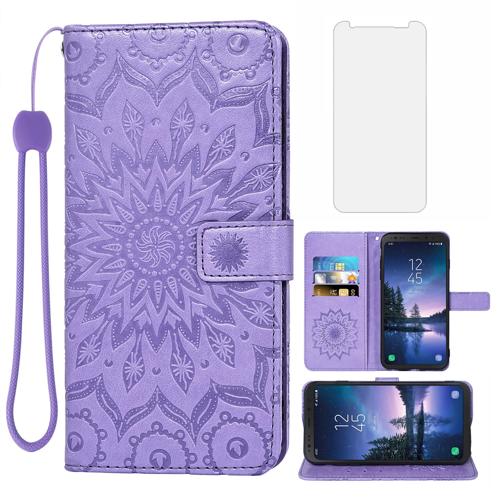 Samsung Galaxy S8 Active Phone Case - Leather Slim Flip Cover with Card Holder & Stand | Includes Tempered Glass Screen Protector | Women's Purple Wallet Case for G892A Model | Perfect for Everyday Use & Travel Protection