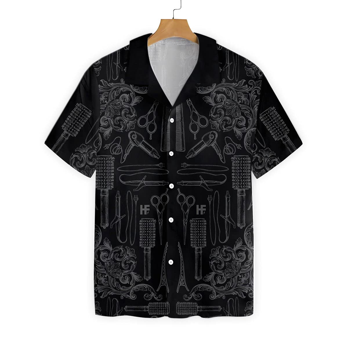 HYPERFAVOR Men's Barber Shirts - Short Sleeve Hawaiian Style Work Shirts with Barber Tools - Perfect for Salon Professionals & Casual Wear