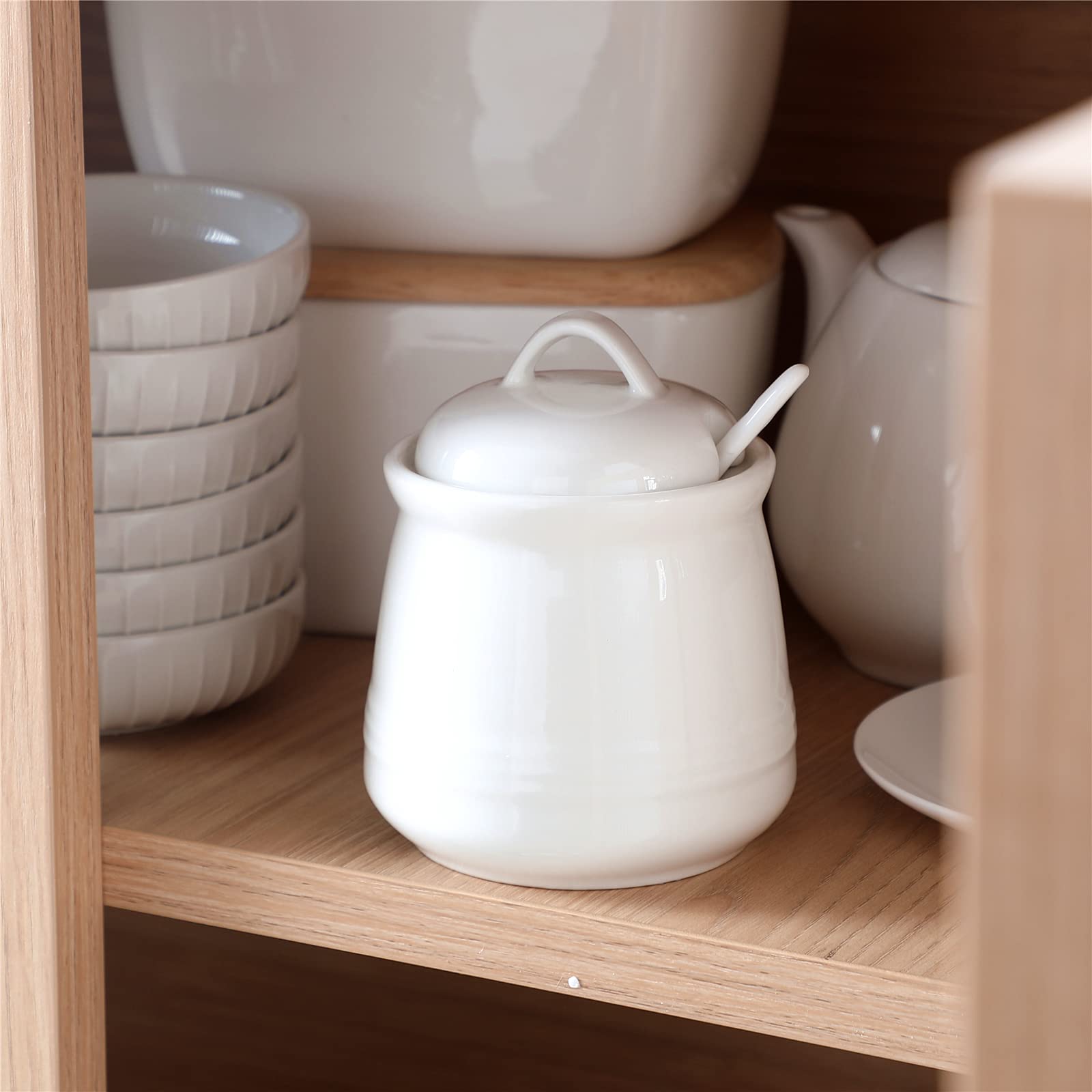 HAOTOP 12oz White Porcelain Sugar Bowl with Lid & Spoon - Ceramic Salt & Spice Container for Kitchen, Dining, Coffee & Tea Time