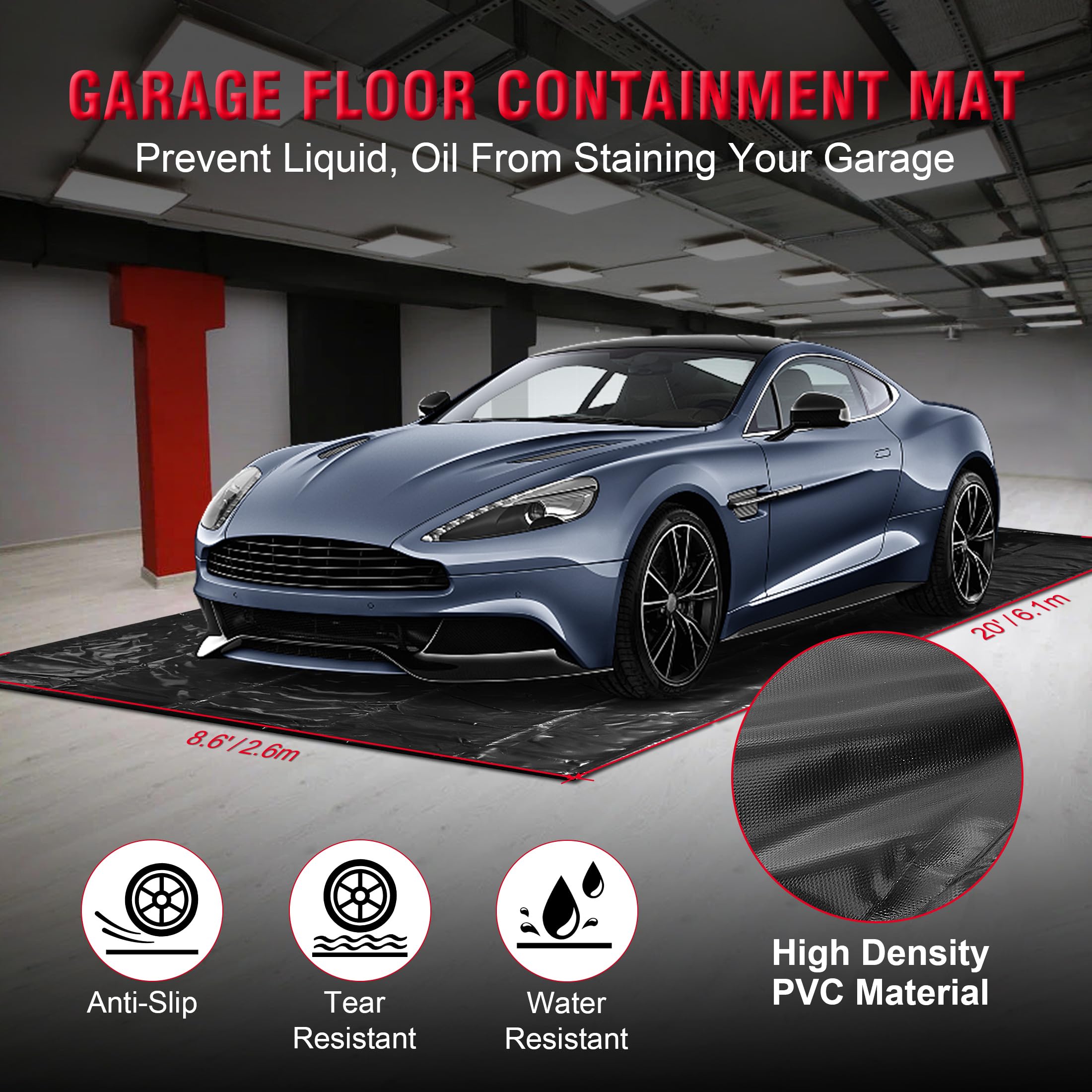 **Heavy Duty Non-Slip Garage Floor Containment Mat – Waterproof Garage Mat for Sand, Snow, Rain & Mud Protection – 8.6 x 20ft – Ideal for Car Storage, Workshop & Driveway Use**