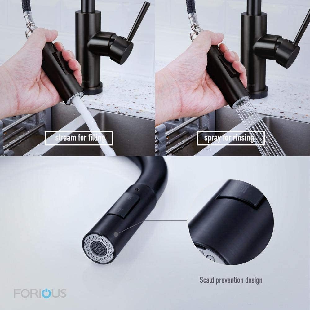FORIOUS Black Stainless Steel Kitchen Faucet with Pull Down Sprayer - High Arc Gooseneck Modern Sink Faucet, Single Handle Design with CUPC Ceramic Cartridge & Deck Plate for Easy Installation - Perfect for Home Kitchen, Restaurant, and Commercial Use