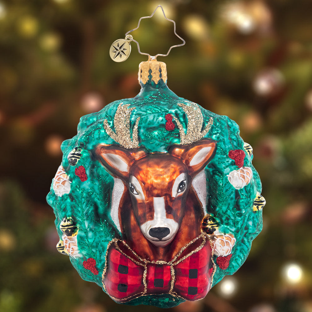 Rustic Reindeer Christmas Wreath with Gems - Elegant Holiday Decor for Front Door, Fireplace & Festive Home Decoration